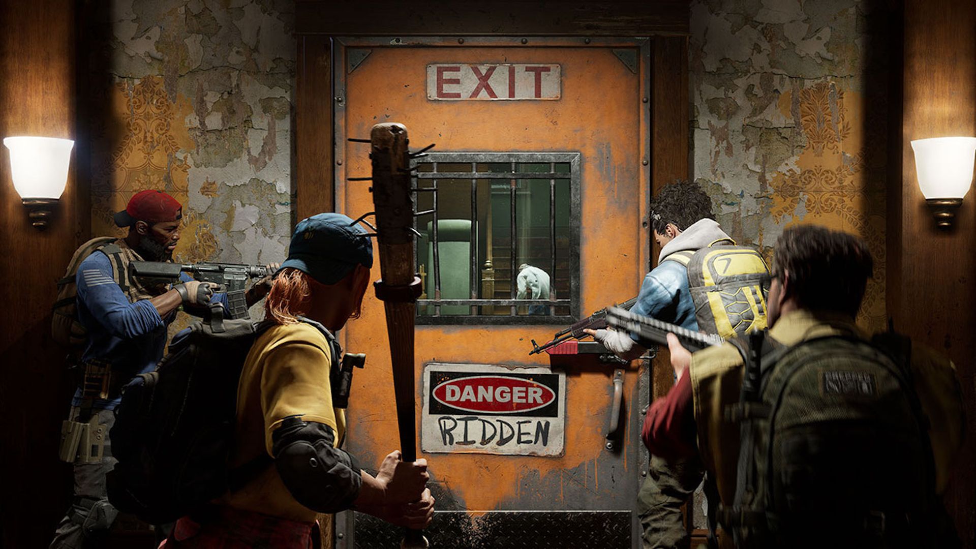 Video game screenshot of four people armed with bats and guns, standing behind a locked door. Zombies can be seen through the door's window.