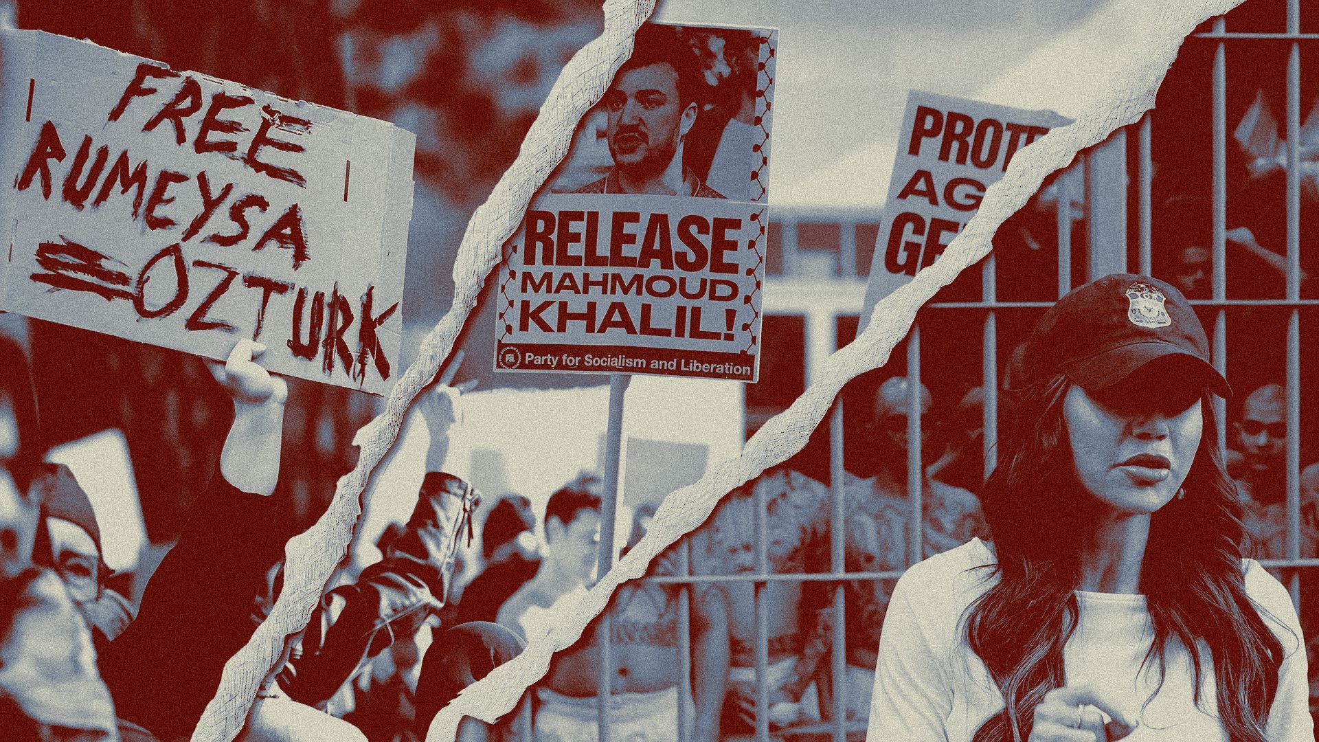 Photo illustration of a collage featuring protests in support of Rumeysa Ozturk in Somerville, Ma., and Mahmoud Khalil in Newark, N.J., and Kristi Noem speaking at the Terrorist Confinement Center Tecoluca, El Salvador.