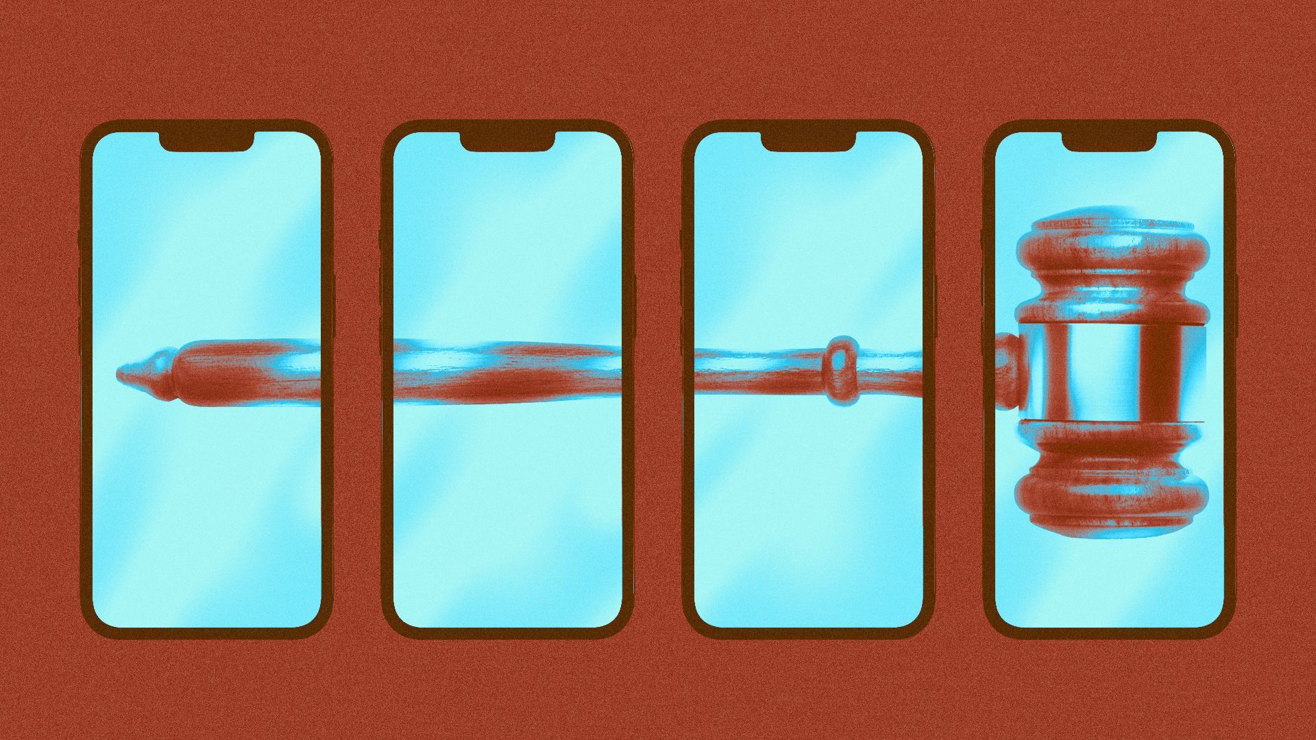 Illustration of a gavel appearing across four smart phone screens.
