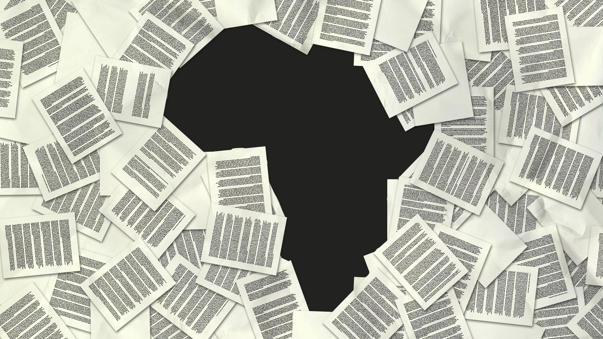 Illustration of a pile of papers forming a hole in the shape of a stylized silhouette of Africa.