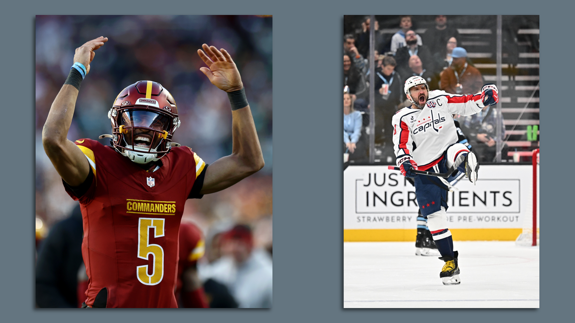 Jayden Daniels (left) and Alex Ovechkin 