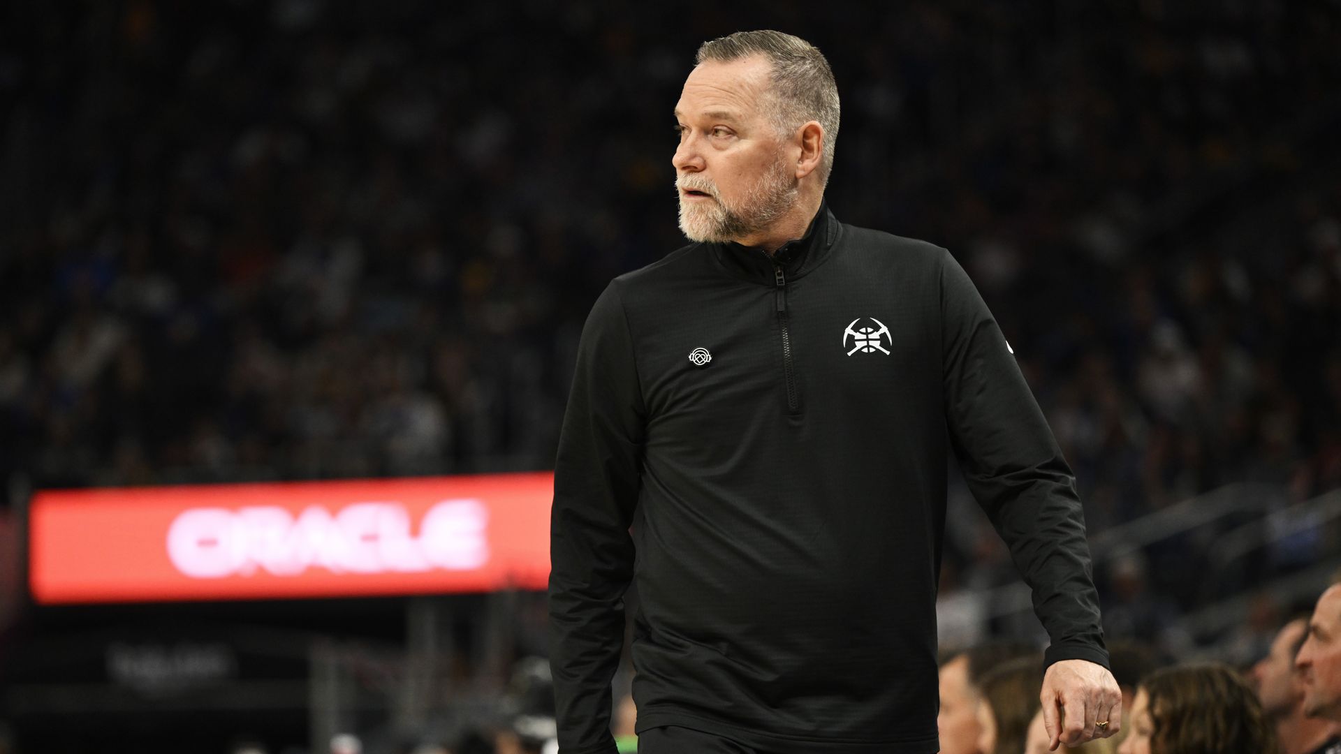 SAN FRANCISCO, CALIFORNIA - APRIL 04: Head coach Michael Malone of the Denver Nuggets looks on against the Golden State Warriors in the second quarter at Chase Center on April 04, 2025 in San Francisco, California. NOTE TO USER: User expressly acknowledges and agrees that, by downloading and or usin