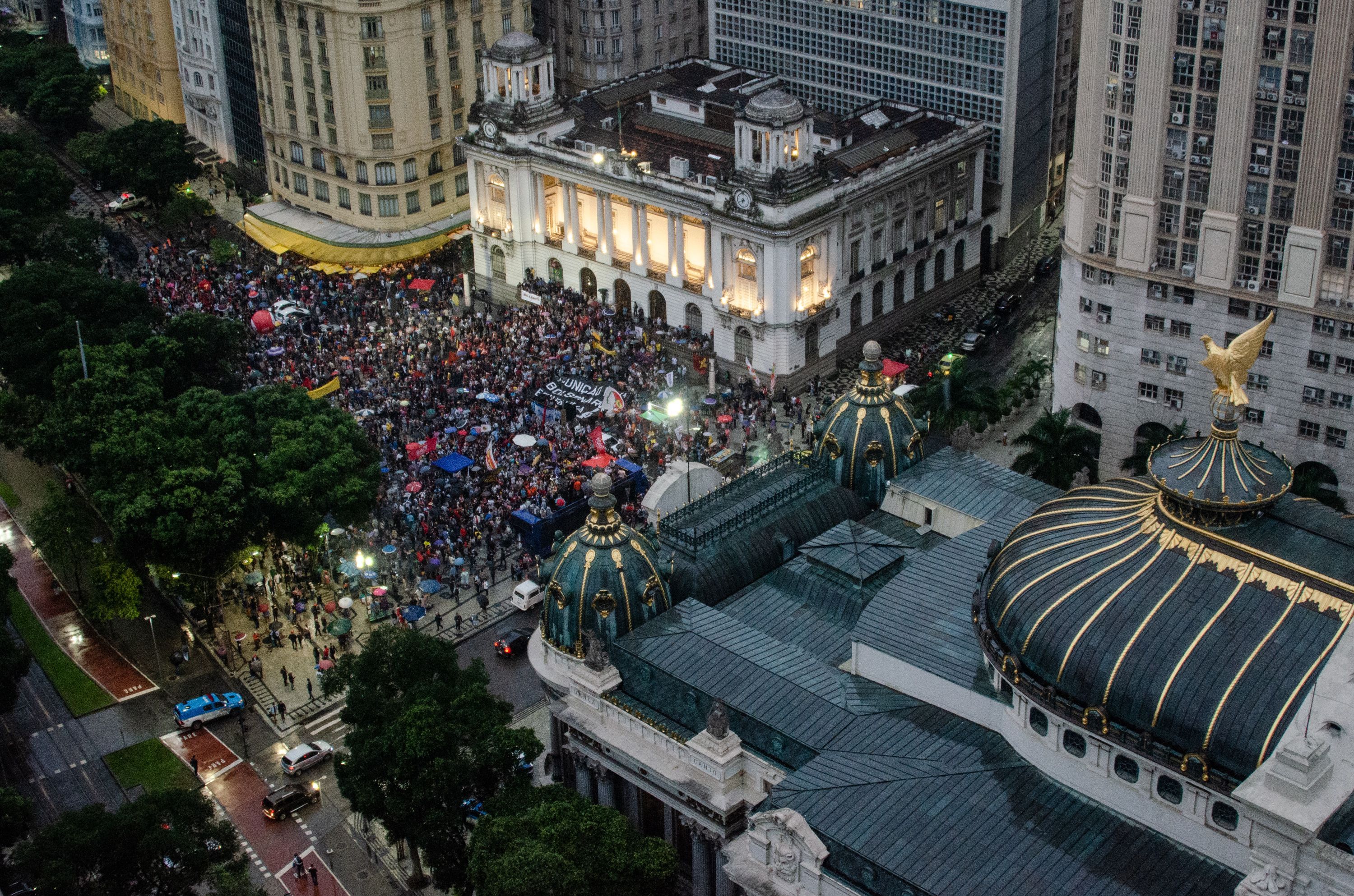 In this aerial view members of social movements protest in defense of democracy in Rio de Janeiro, Brazil, on January 9.