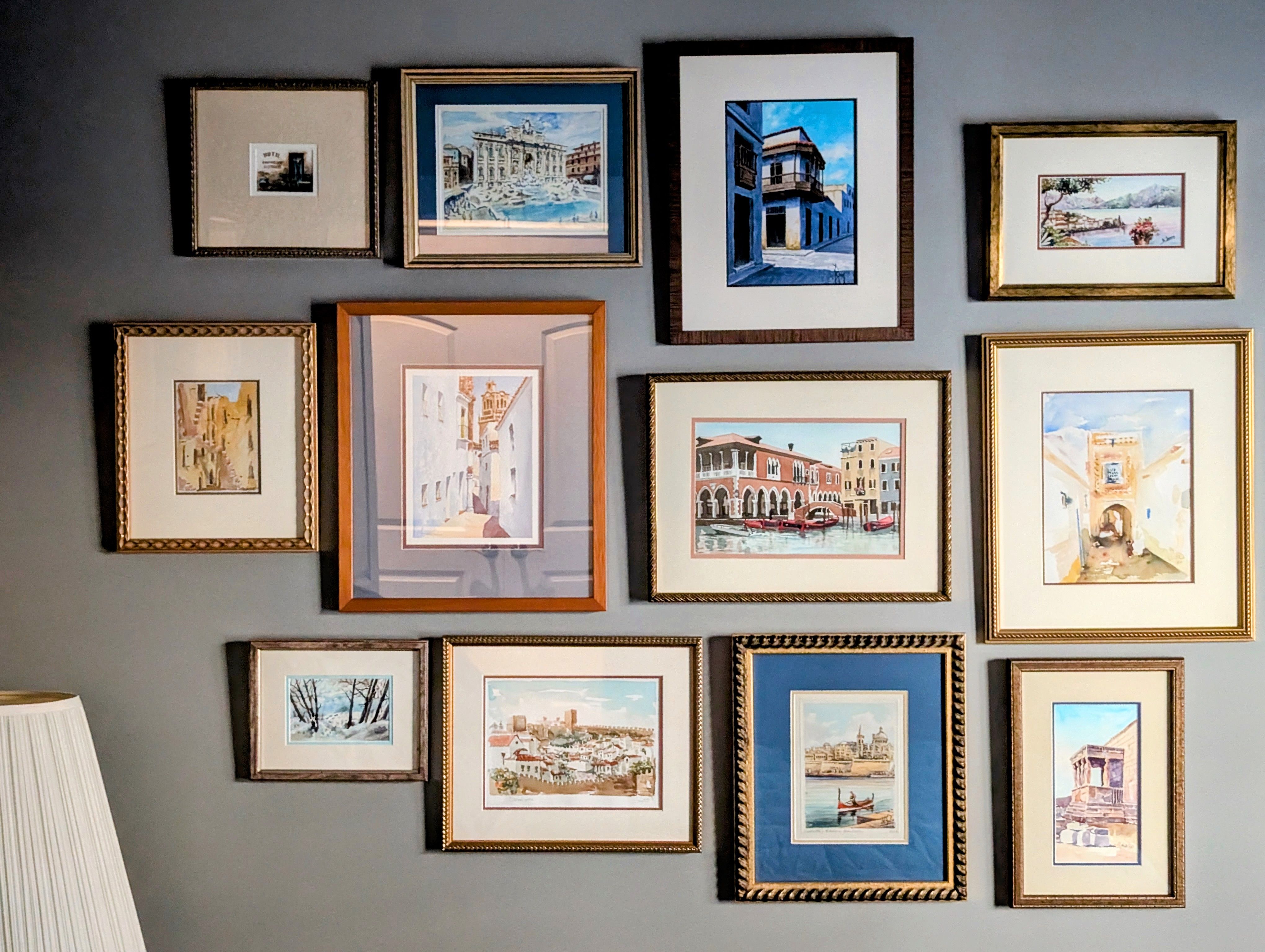 A gallery wall of framed prints