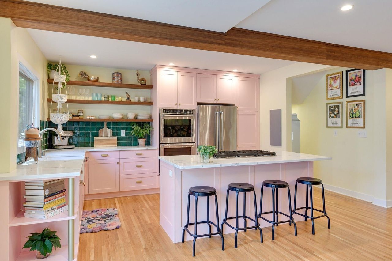 colorful kitchen with barstools