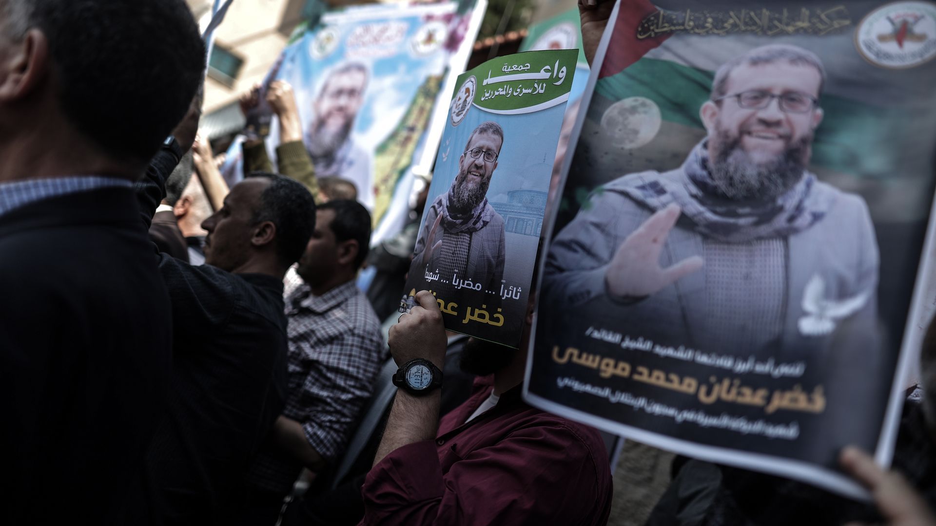 People in Gaza city protest against the death of Khader Adnan in Israeli custody on May 2. Photo: Ali Jadallah/Anadolu Agency via Getty Images