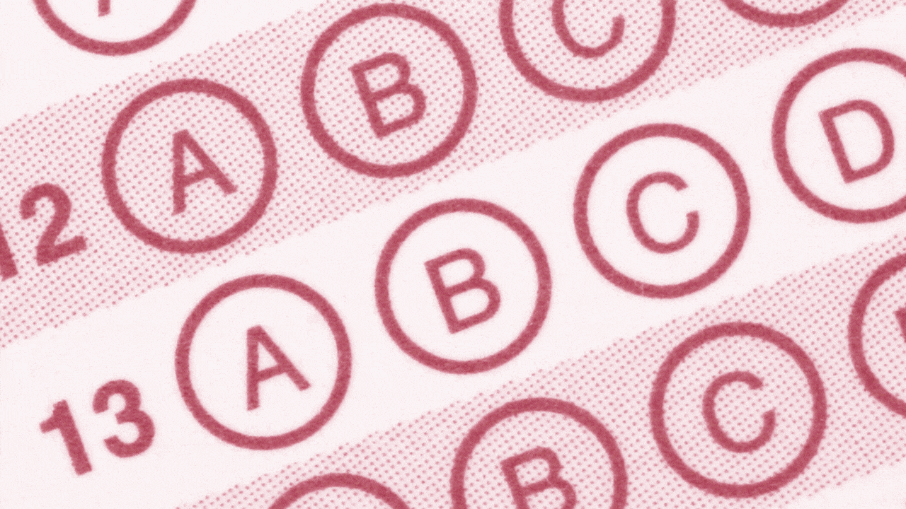 Animated illustration of a standardized test, with a pencil filling in three of the circles with the shape of the state of Texas.