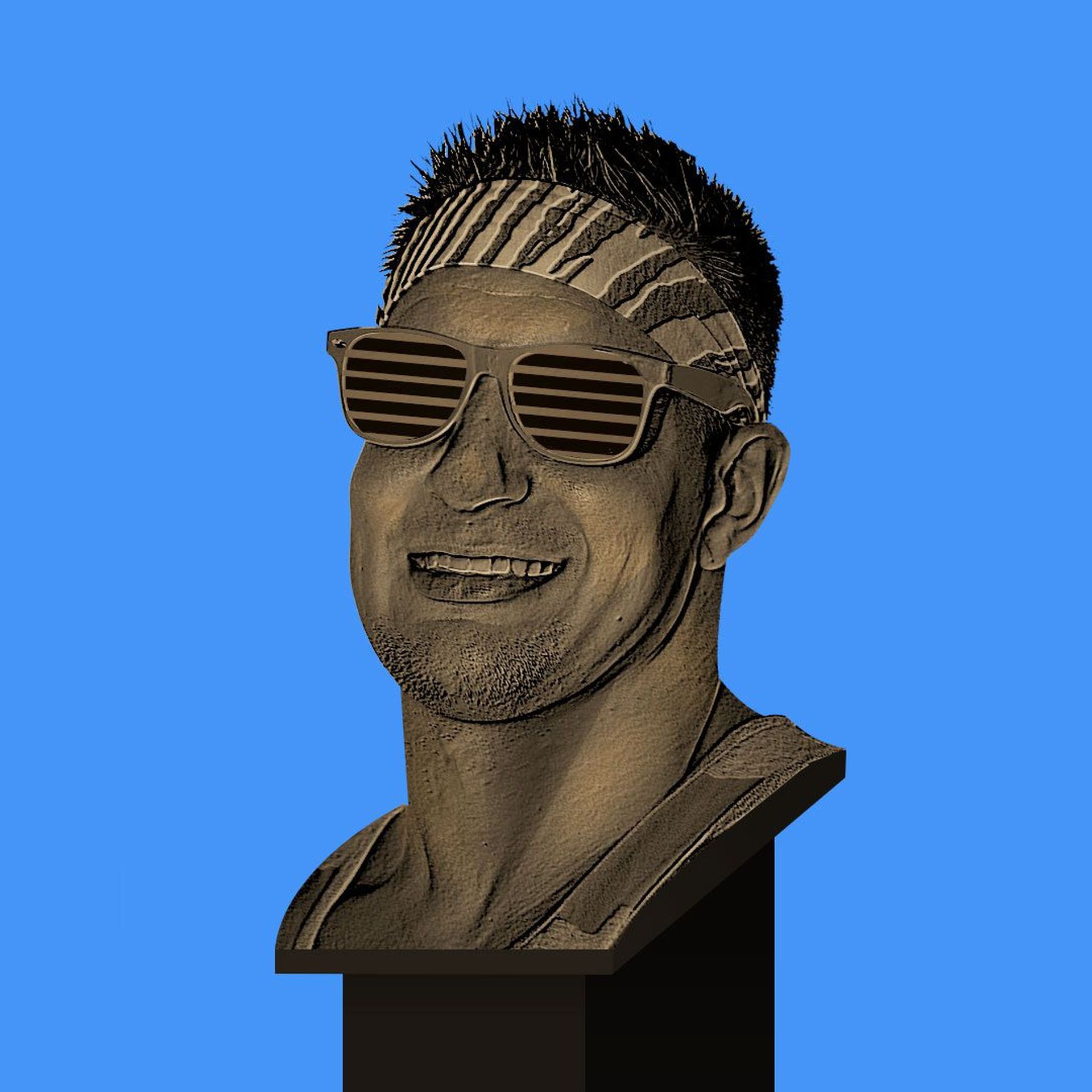 Rob Gronkowski’s football HOF bust with sunglasses and bandana