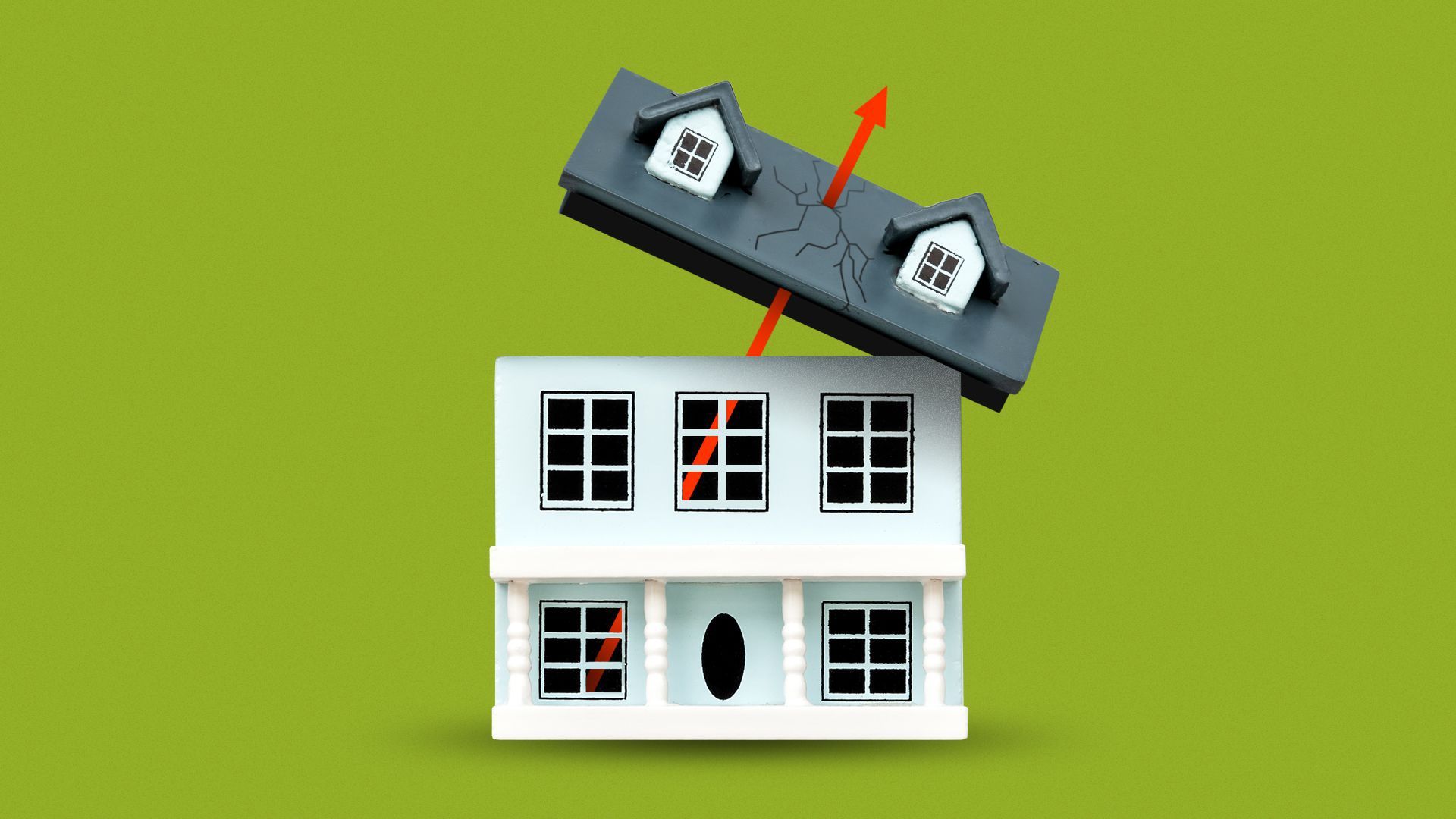 An illustration showing a roof falling off a home with an arrow through it