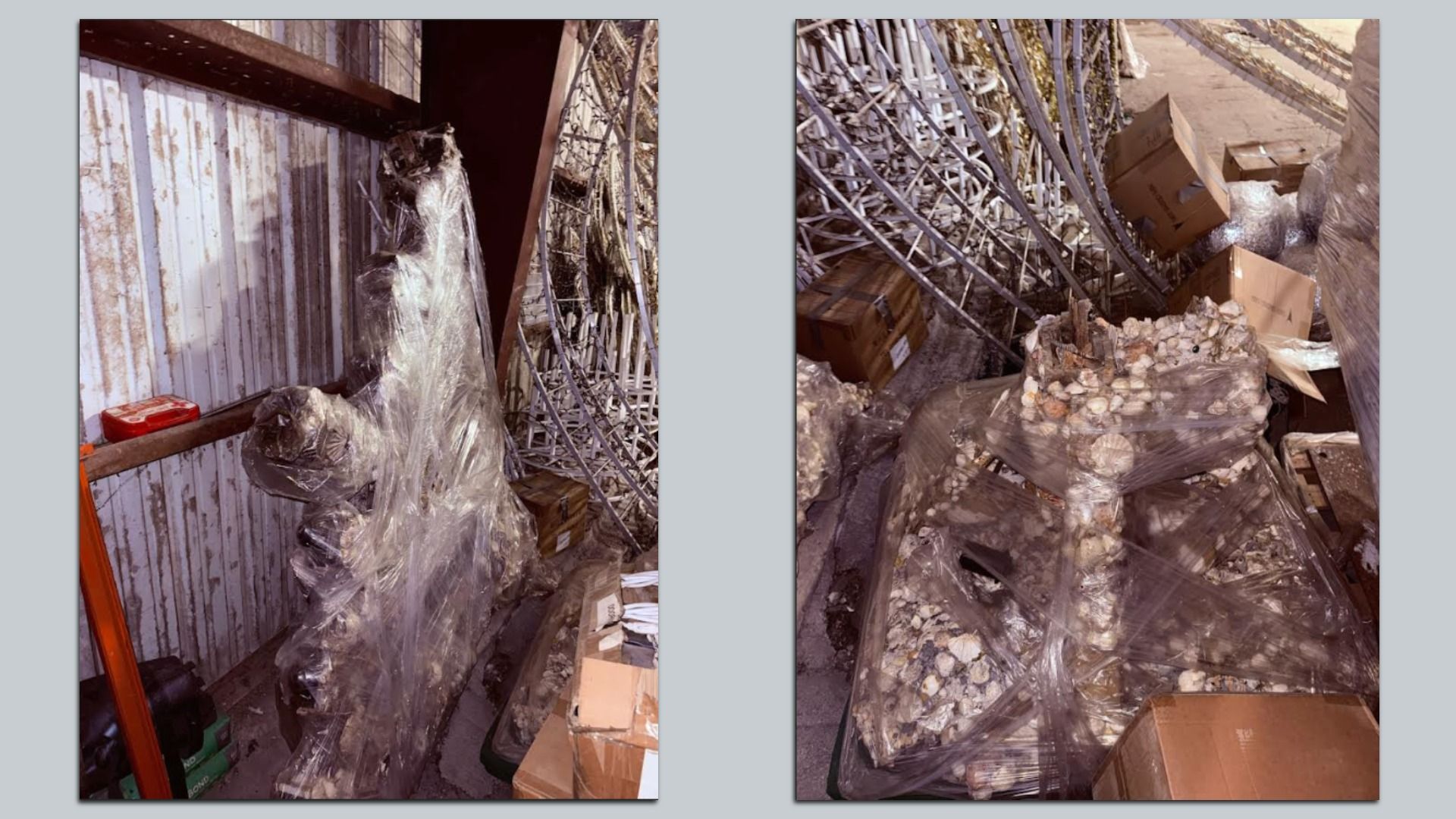 The broken seashell menorah in storage.