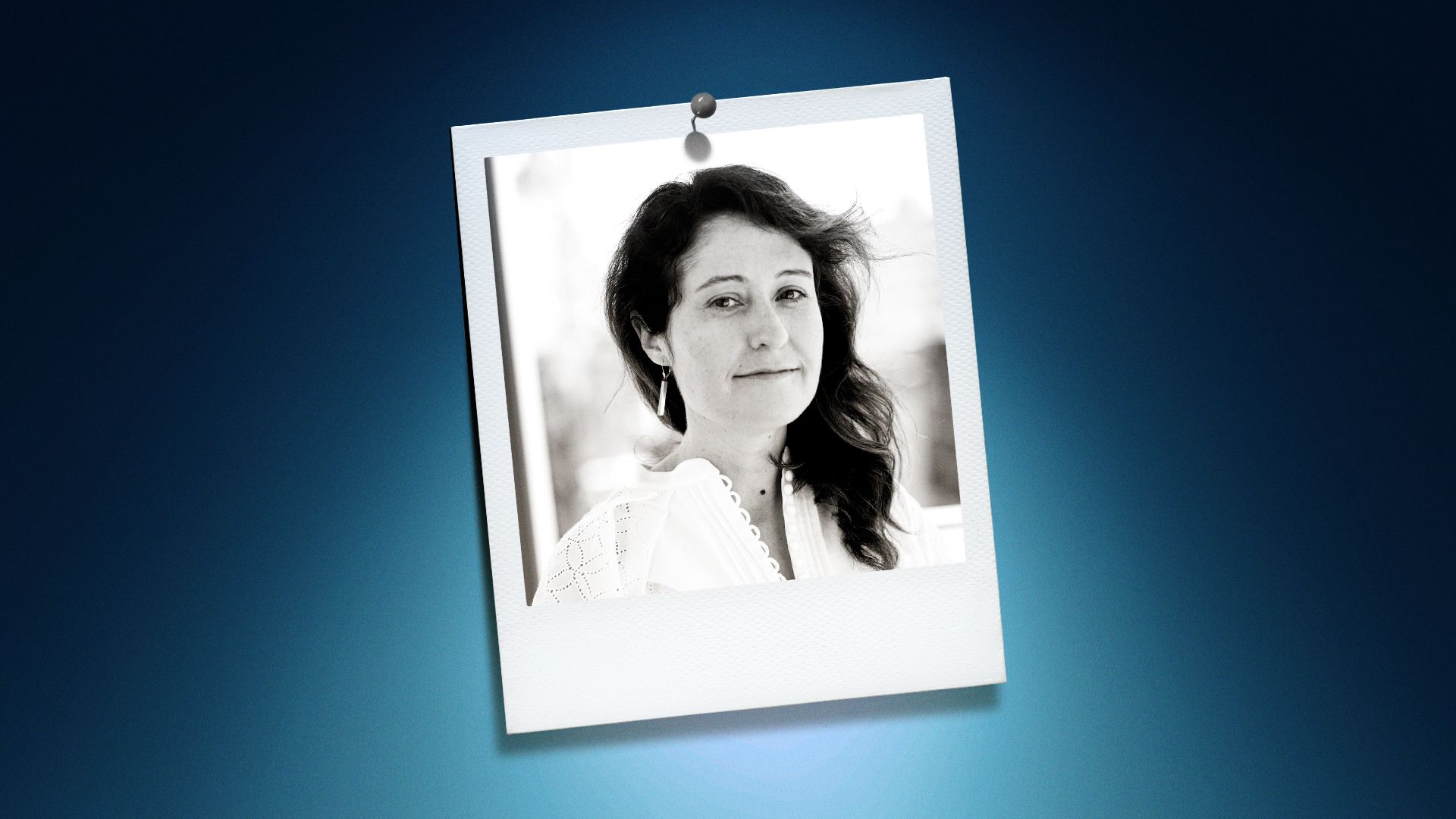 Photo illustration of Miranda Lash in the center of a Polaroid photo under a blue spotlight.