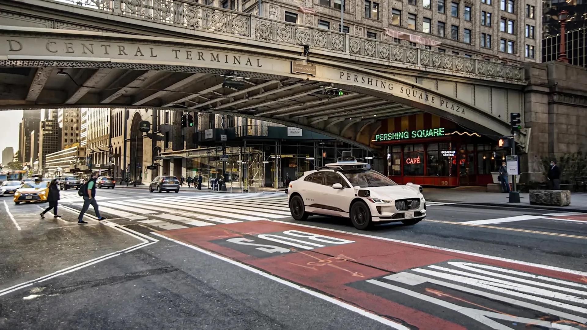 A Waymo car outside Grand Central in Manhattan.