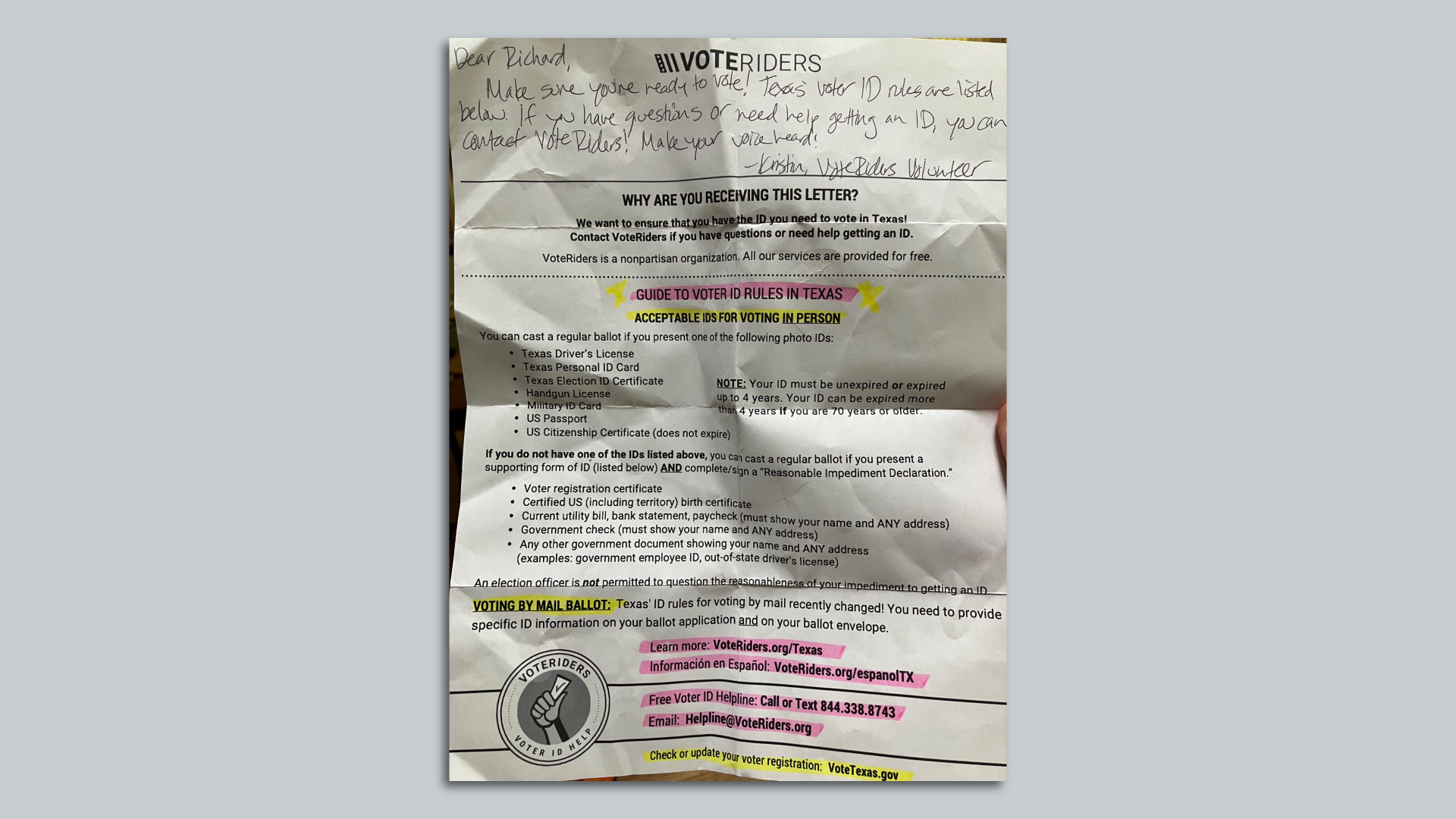A letter from VoteRiders to an Austin voter.