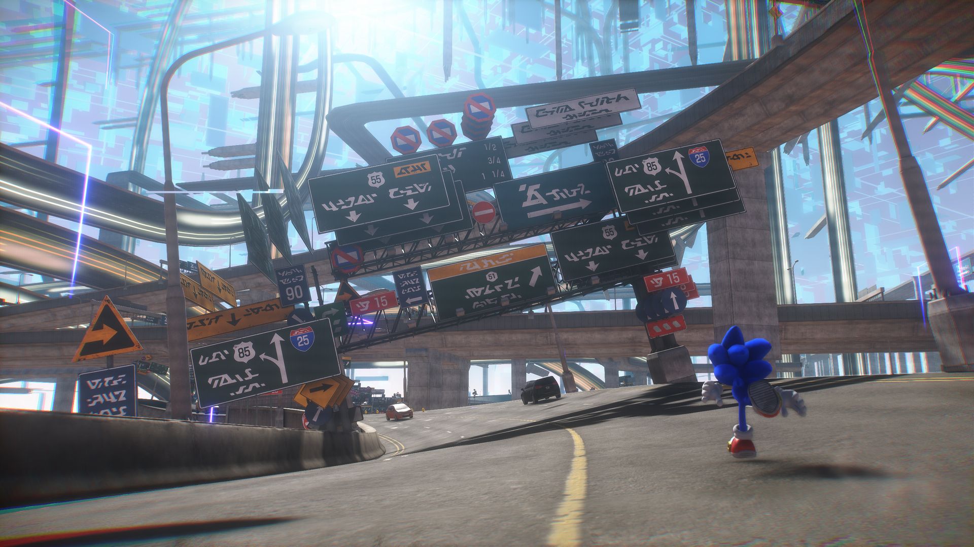 Video game screenshot of a cartoony blue hedgehog character running down a realistic highway