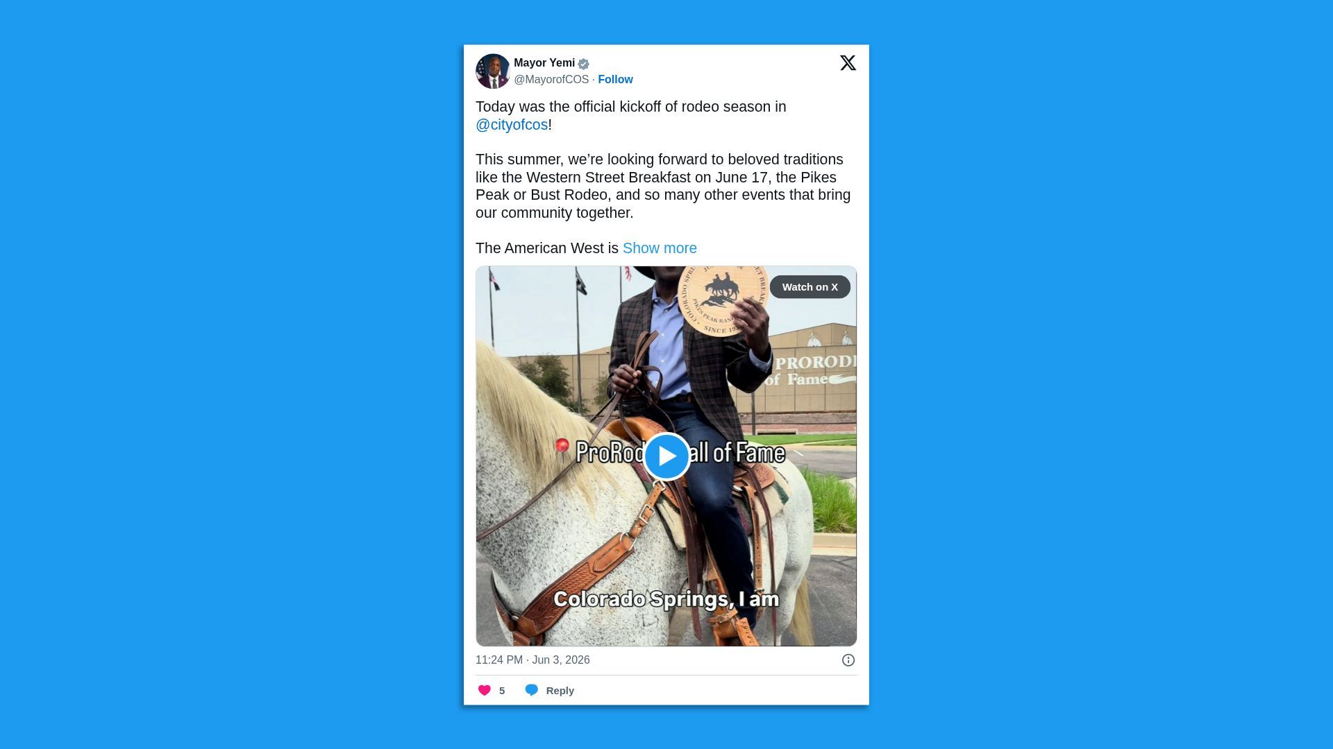 White social post card on a blue background about rodeo season, mentioning Western Street Breakfast and Pikes Peak or Bust Rodeo, with a horse-riding video thumbnail.