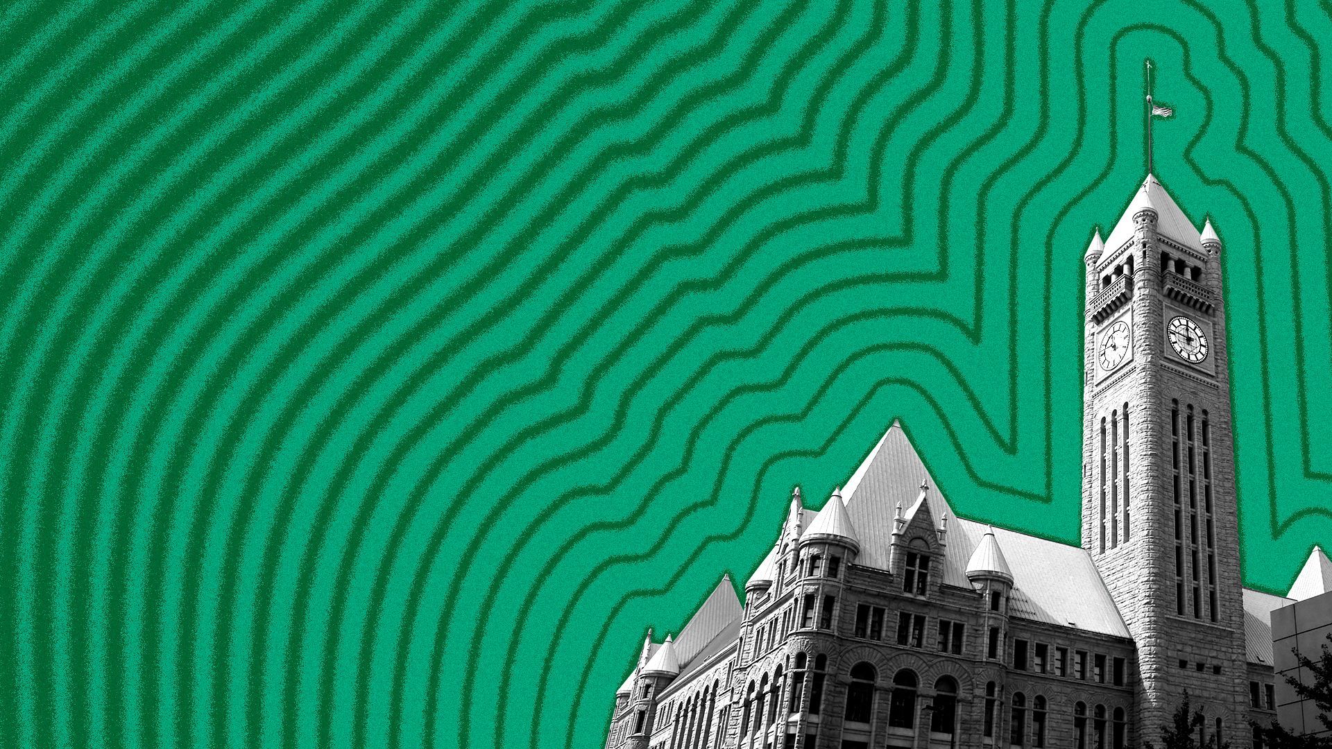 Illustration of Minneapolis City Hall with lines radiating from it.