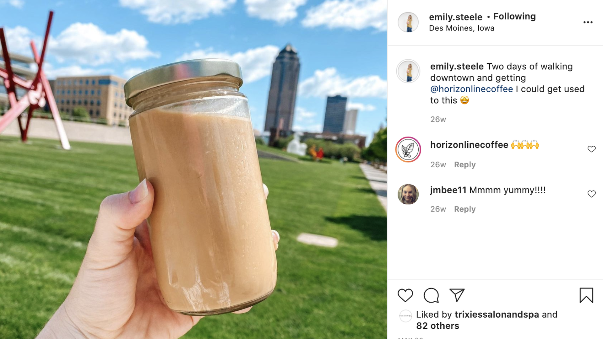 A screenshot of Emily Steele's oat milk latte from Instagram
