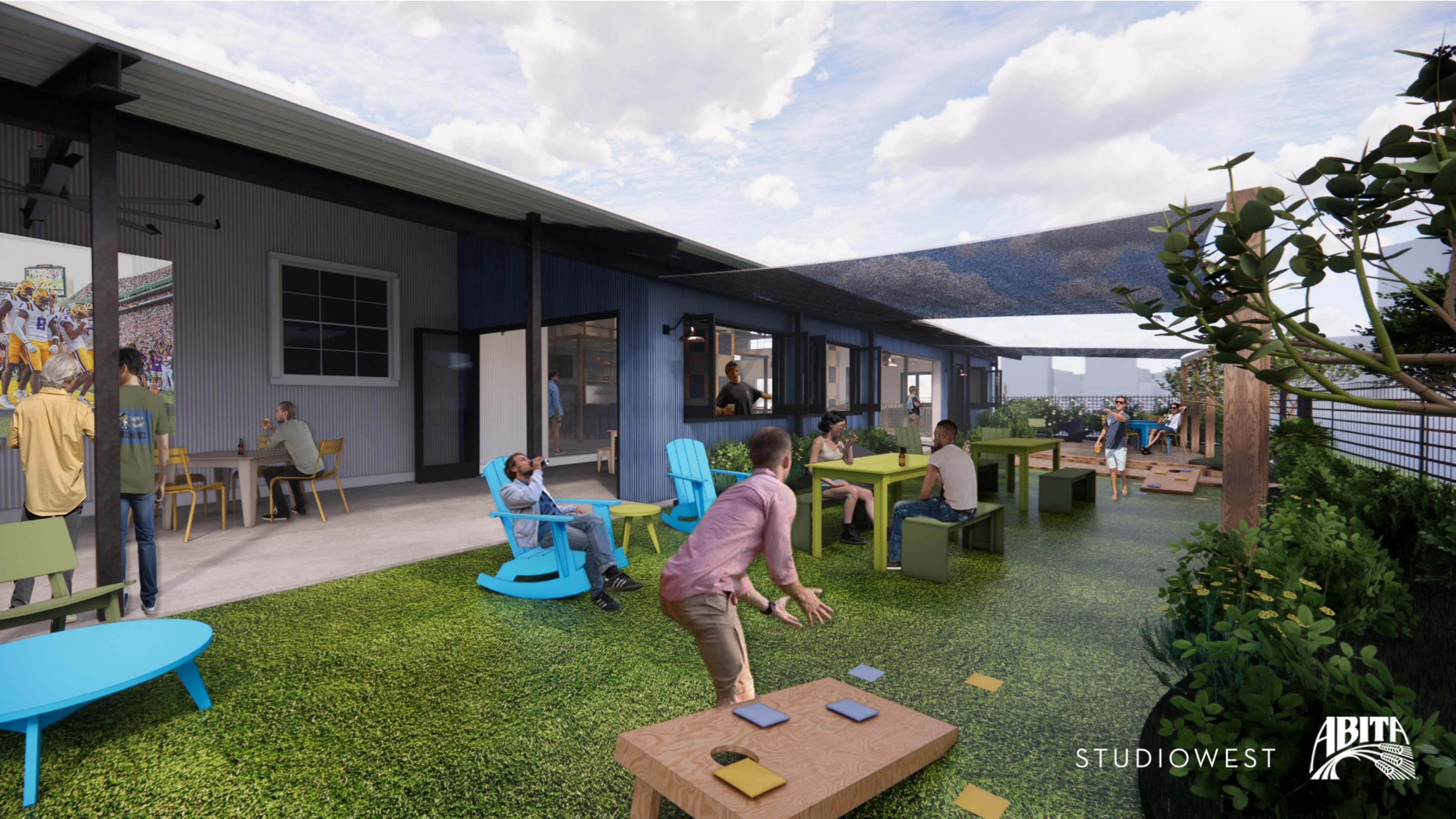 A rendering of the exterior of a tasting room. In it, people are seen playing yard games.