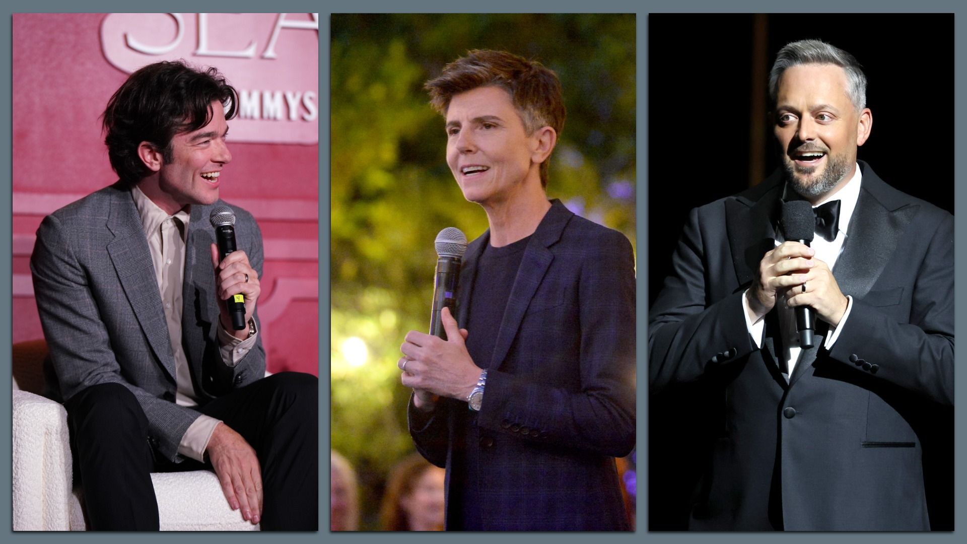 Three vertical photos, all featuring people holding microphones. The first is a man with shaggy hair, wearing a gray suit and tie, seated and smiling. The second is a woman with shorter hair, standing and holding the microphone with both hands, wearing a dark suitcoat. The third - a man in a tux.