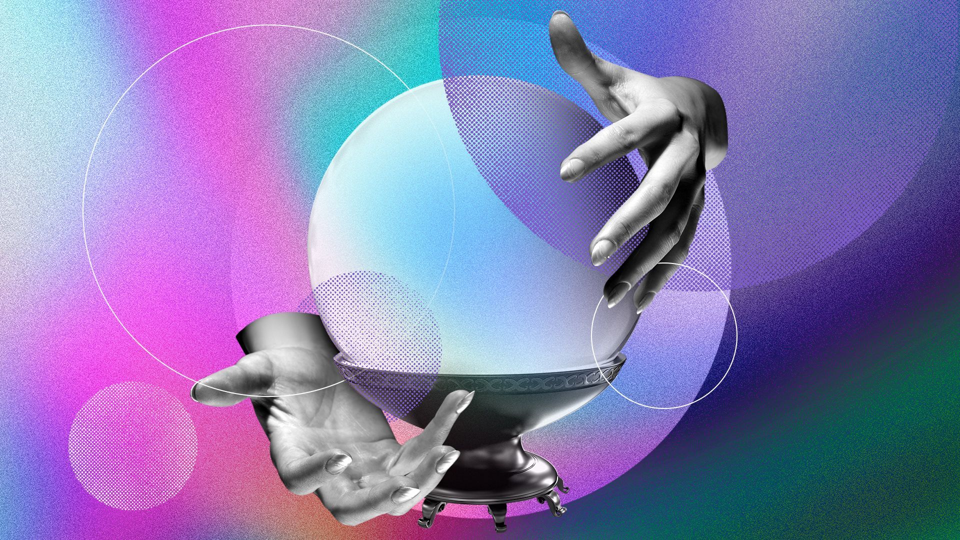 Illustrated collage of two hands hovering around a crystal ball with abstract circles all around. 