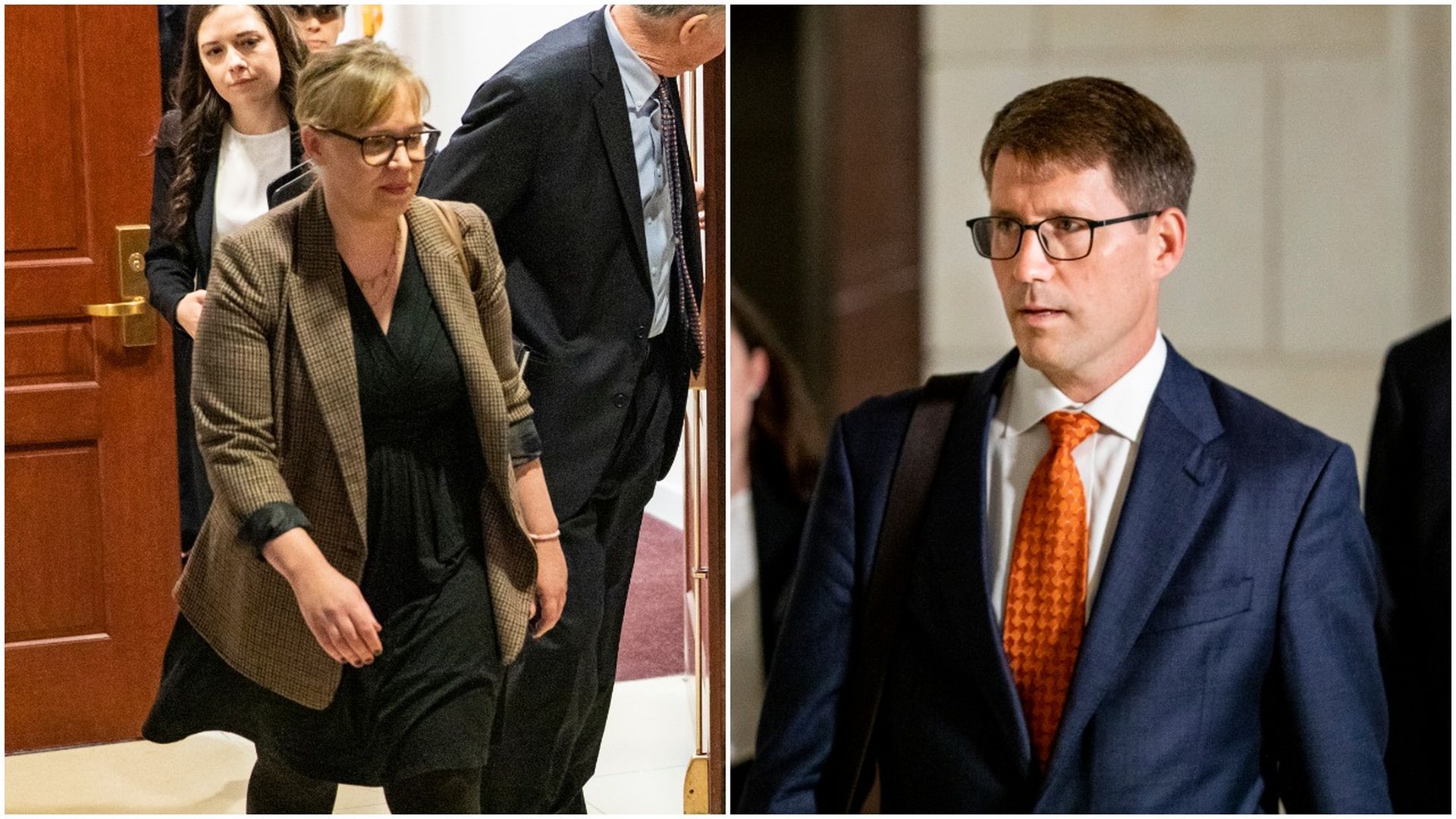 This image is a split screen between Croft and Anderson, who are both walking down hallways in Congress