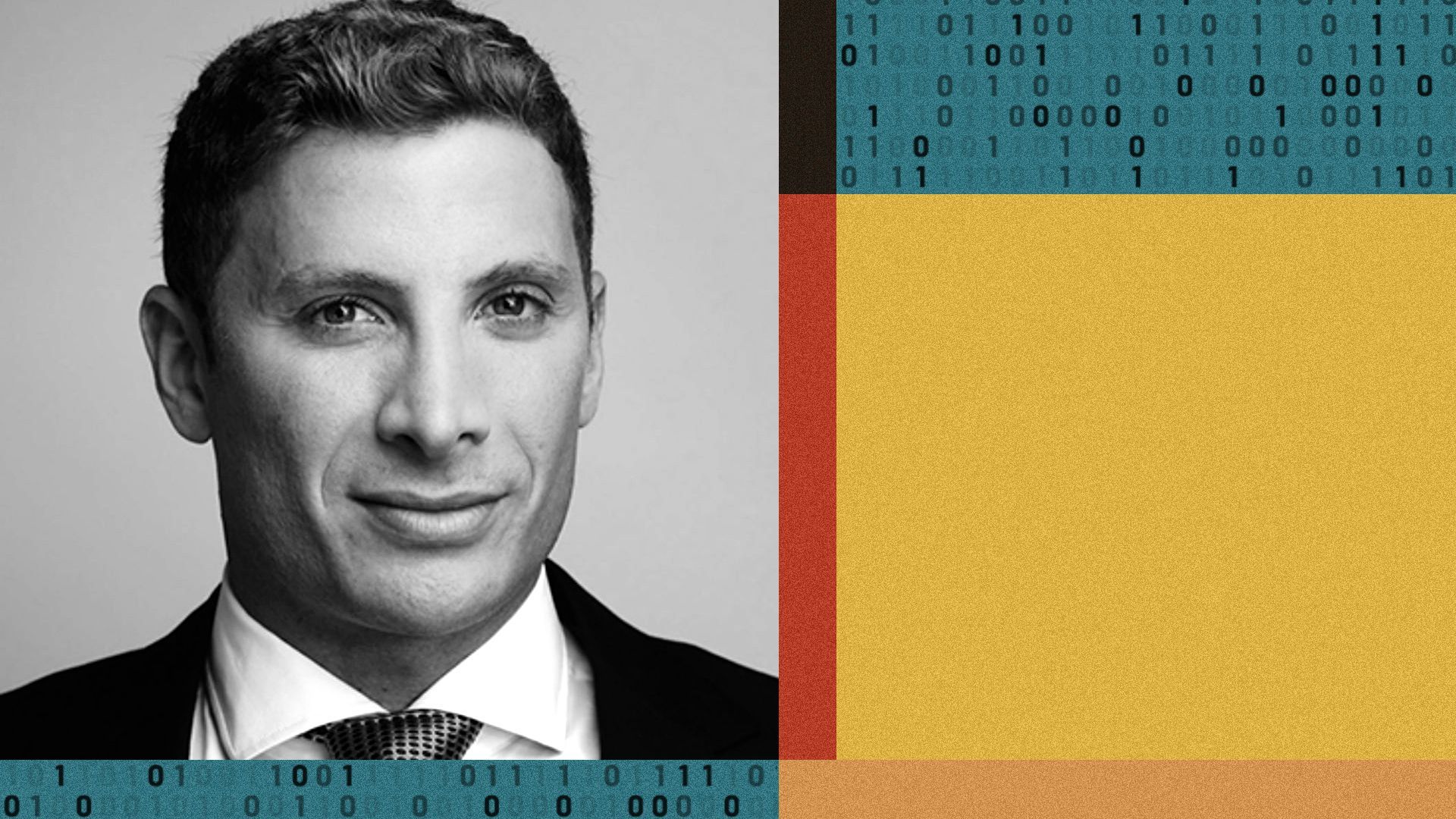 Photo illustration of Jacob Helberg surrounded by shapes and binary code