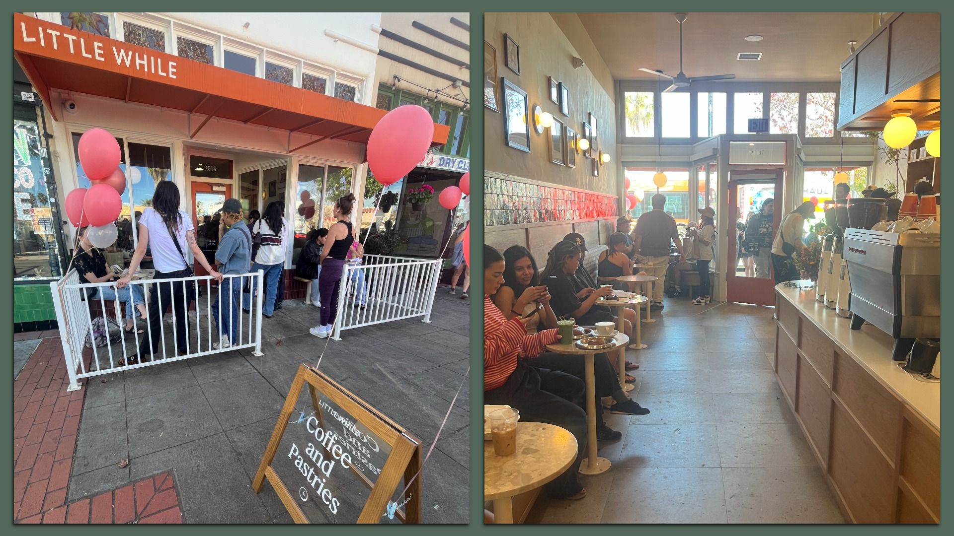 Two-panel collage of the cafe "Little While": outside, customers queue under an orange awning with pink balloons; inside, a busy counter and tables fill a sunlit room.