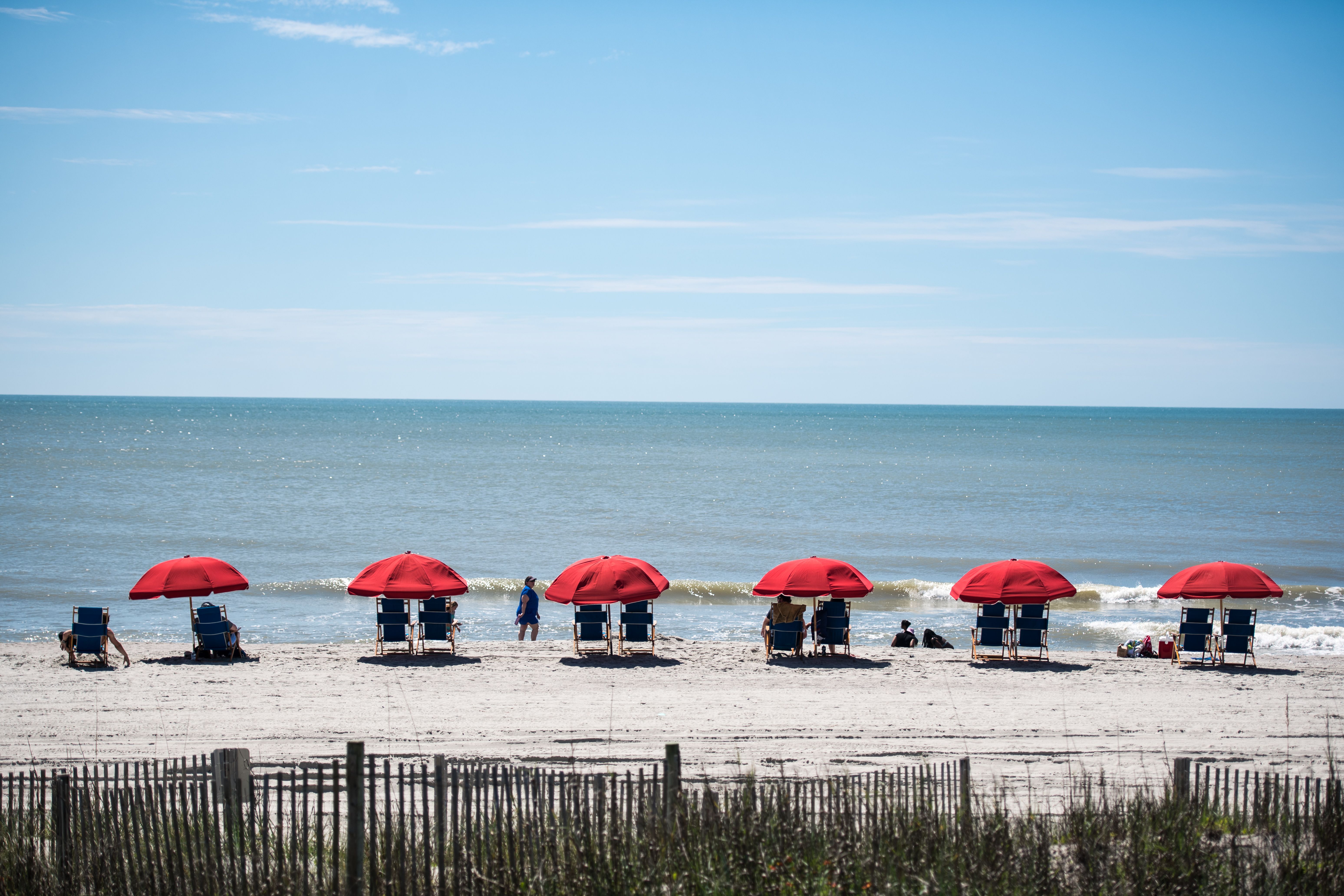 A row of beach chairs and umbrellas 