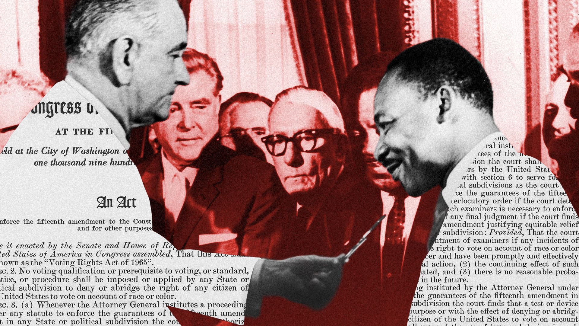 Photo illustration of President Lyndon B. Johnson and  Martin Luther King Jr. exchanging a pen, overlaid with text from the Voting Rights Act of 1965.