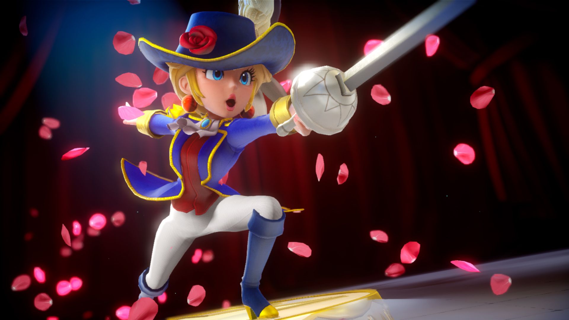 Video game screenshot of Princess Peach in a waistcoat and pants, wearing a hat and thrusting a sword