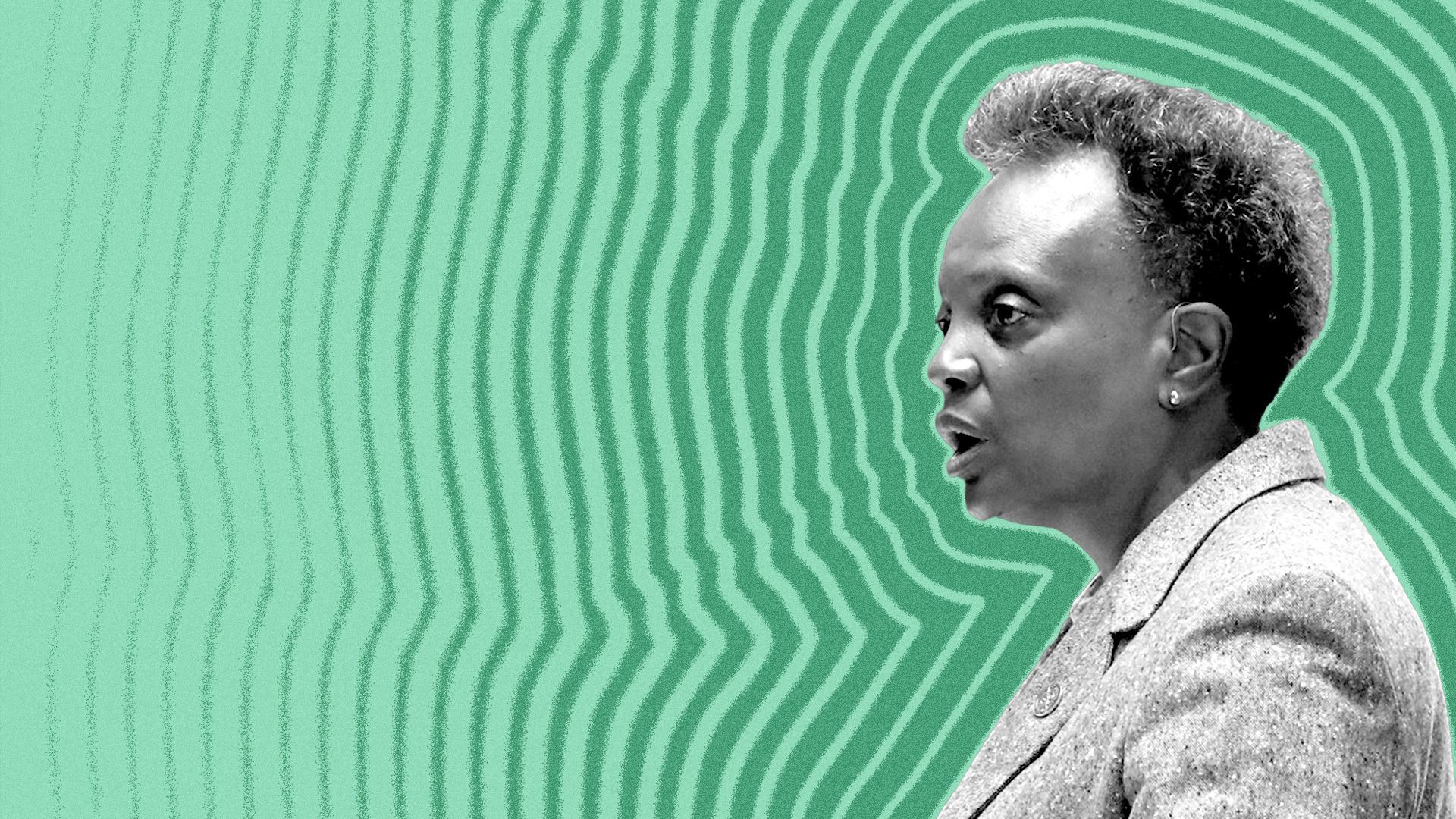 Photo illustration of Chicago Mayor Lori Lightfoot with lines radiating from her. 