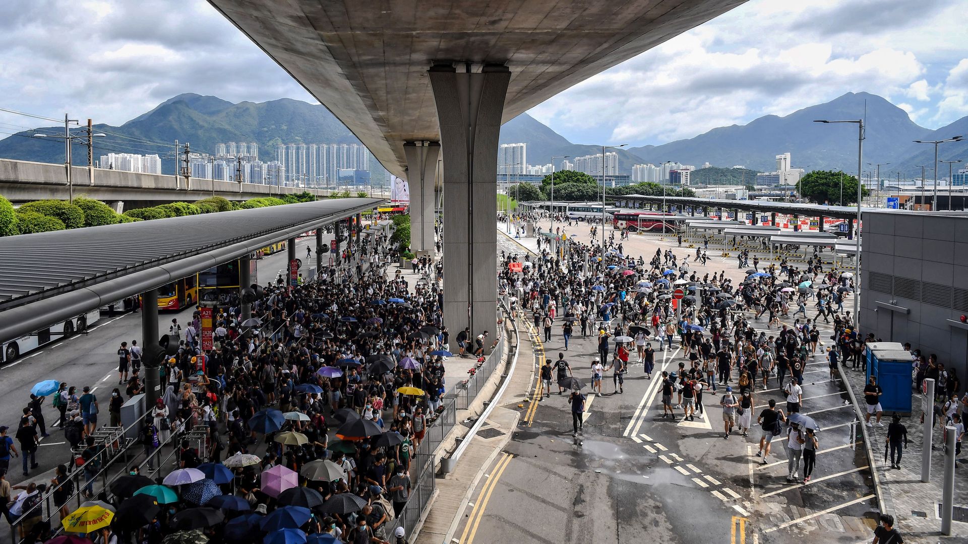  Protesters gather in the bus terminal at Hong Kong International Airport on September 1