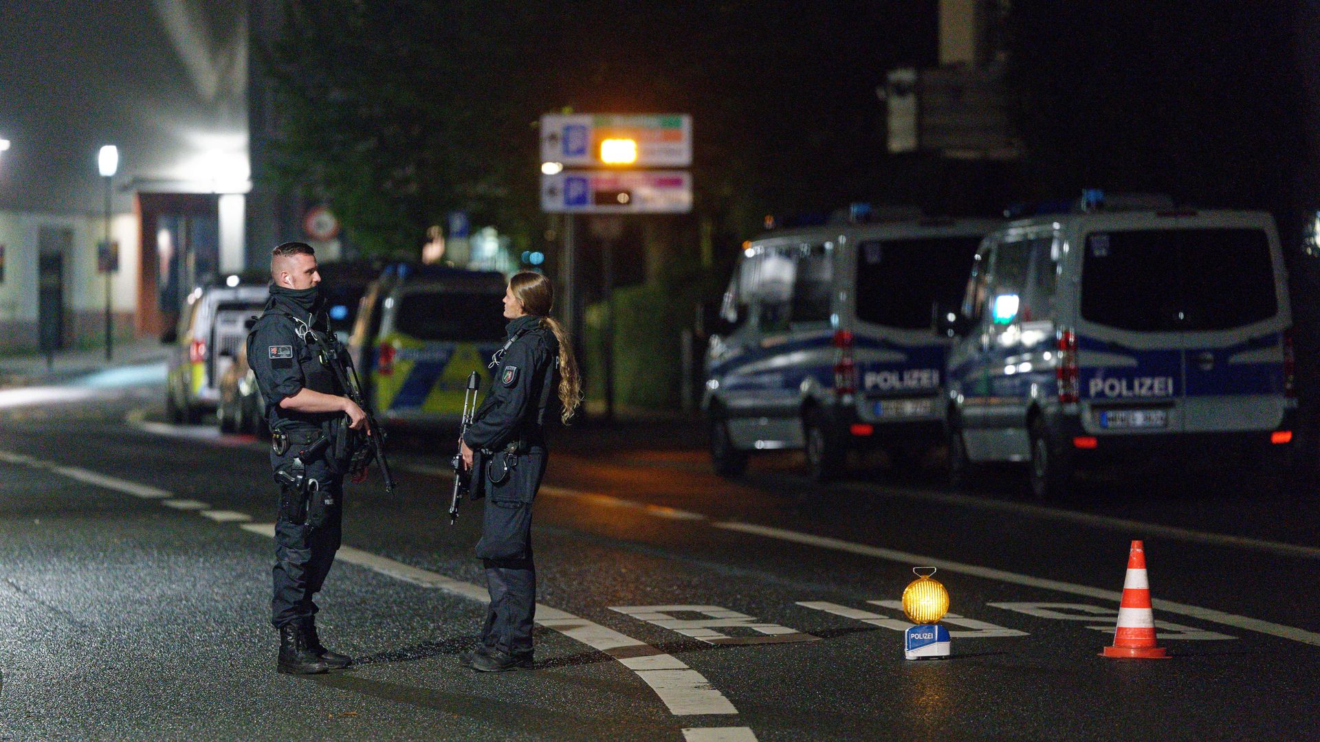 Police officers block a street in  North Rhine-Westphalia, Hagen on Sept. 15, 2021.