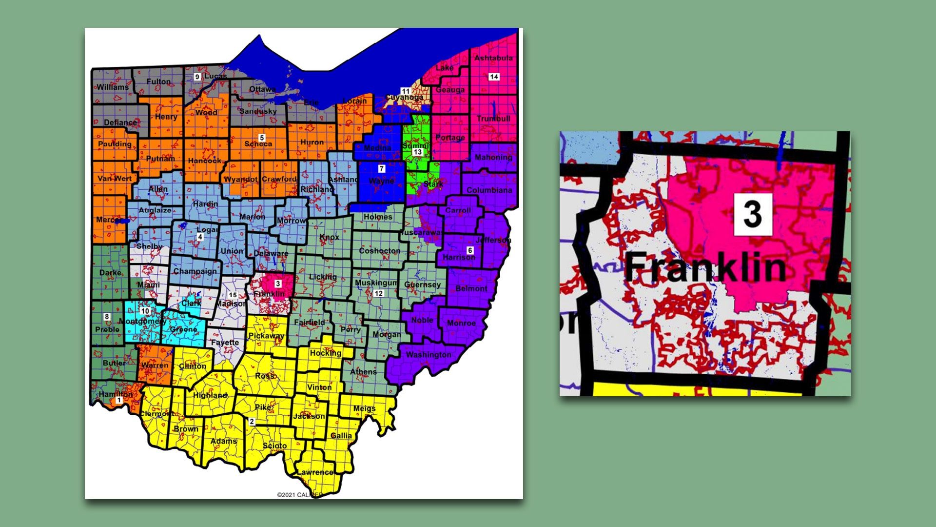 The new Ohio congressional district map in various shades. 