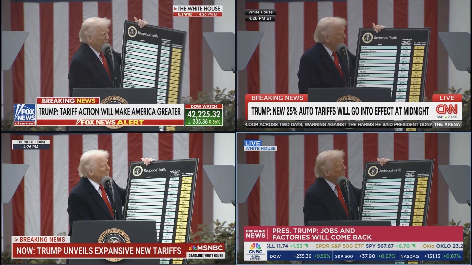 Screenshots of live cable coverage of President Trump's "Liberation Day" event in the Rose Garden on Wednesday.