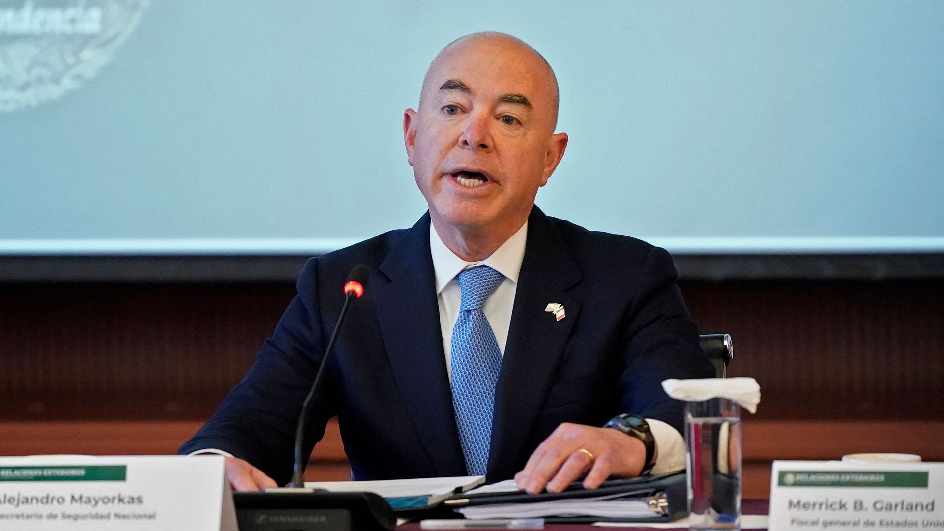 Secretary of Homeland Security Alejandro Mayorkas speaks during the US-Mexico High Level Security Dialogue at the Mexican Ministry of Foreign Relations in Mexico City, on October 8, 2021.