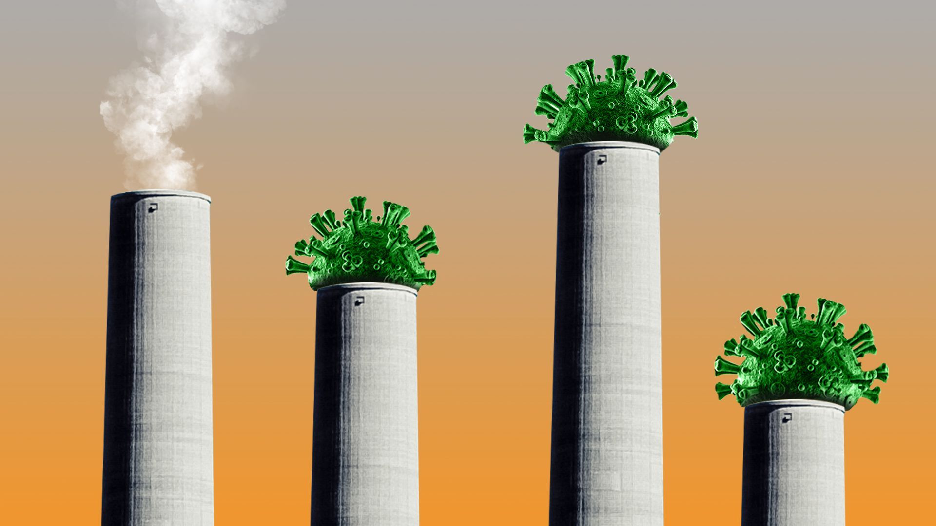 Illustration of several smoke stacks, with all but one stuffed with a COVID cell.