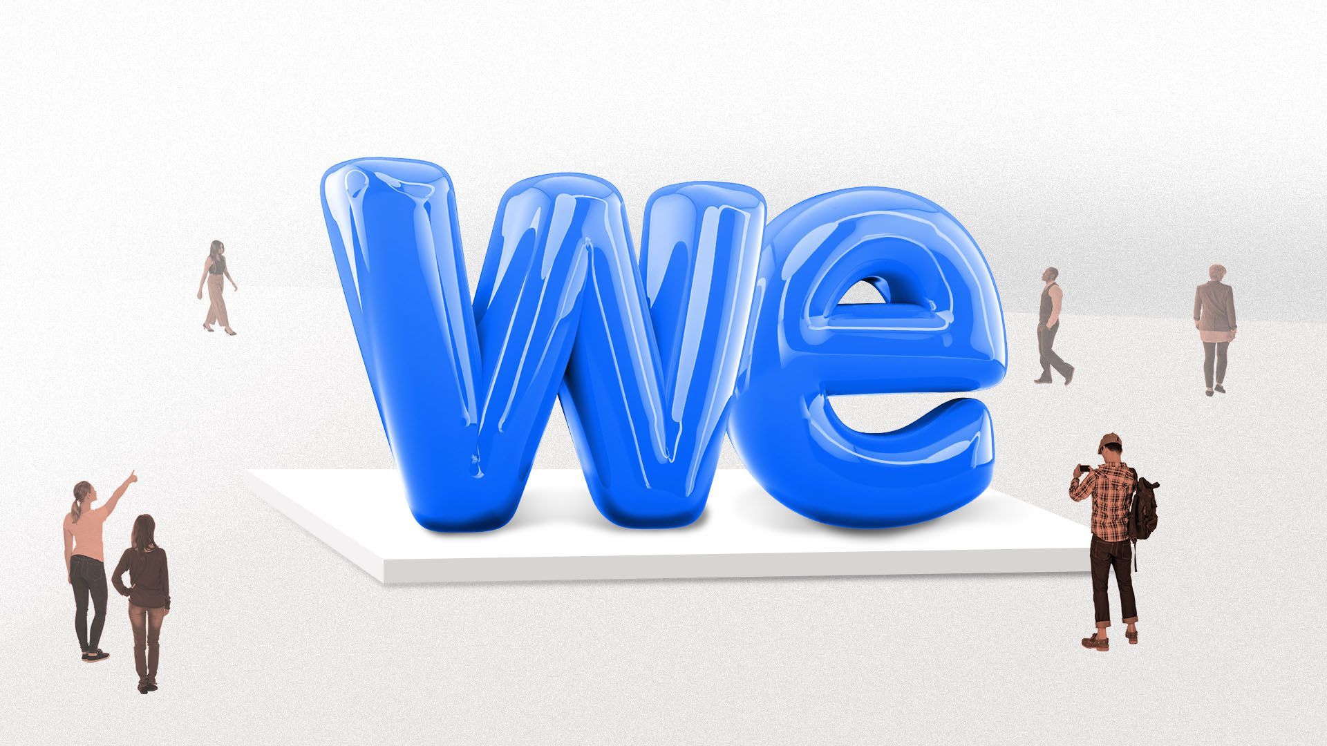 The words We surrounded by a white background with people walking around them.