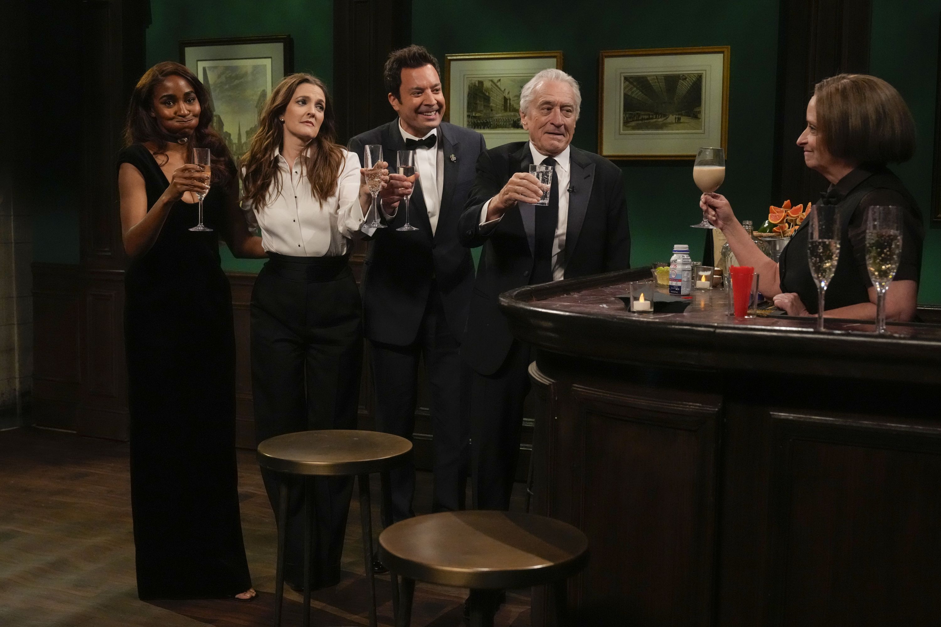 Ayo Edebiri, Drew Barrymore, Jimmy Fallon, Robert De Niro and Rachel Dratch during the "Debbie Downer" sketch on February 16, 2025 -- (Photo by: Virginia Sherwood/NBC via Getty Images)