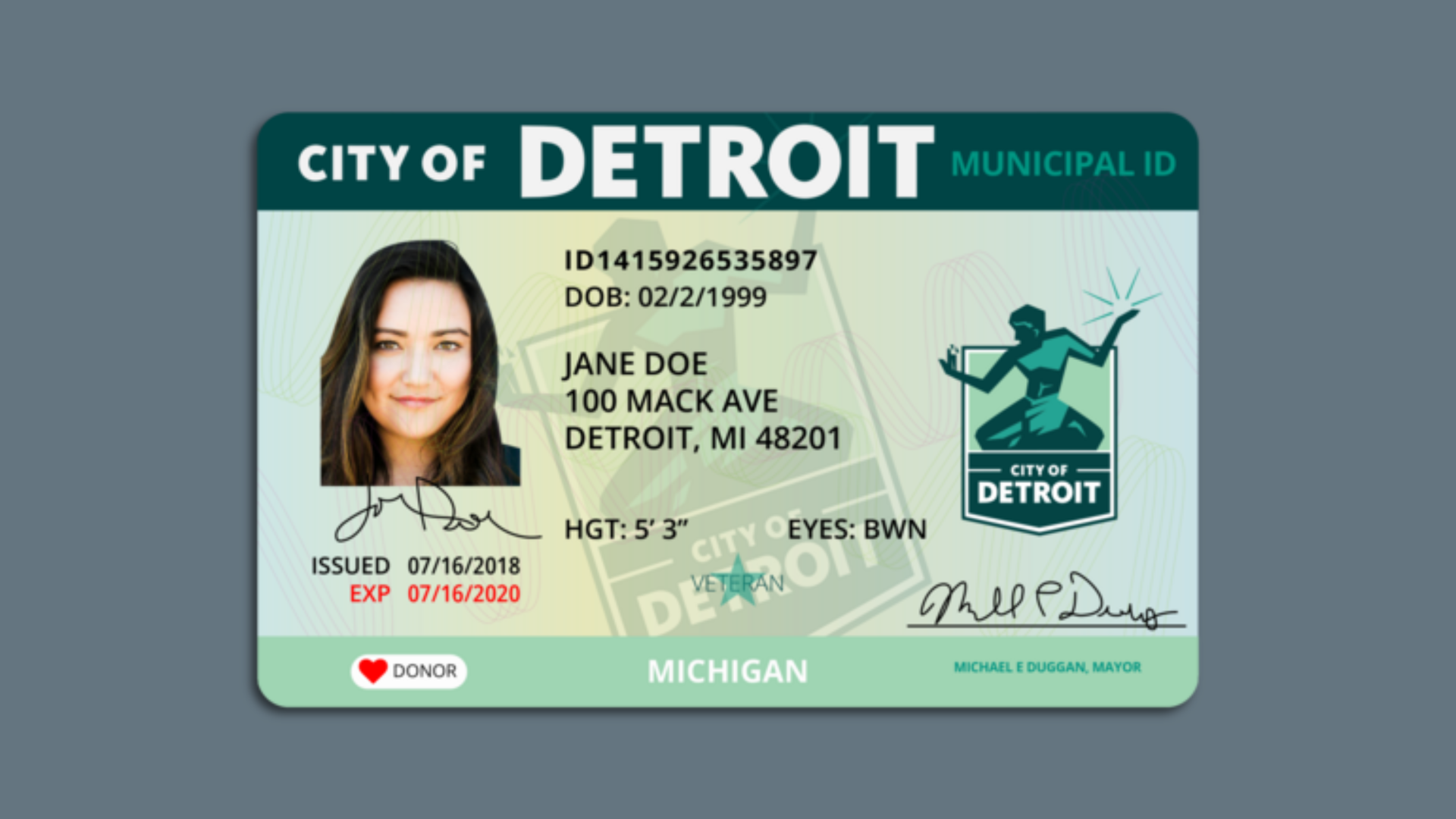 A sample version of Detroit's municipal ID card.