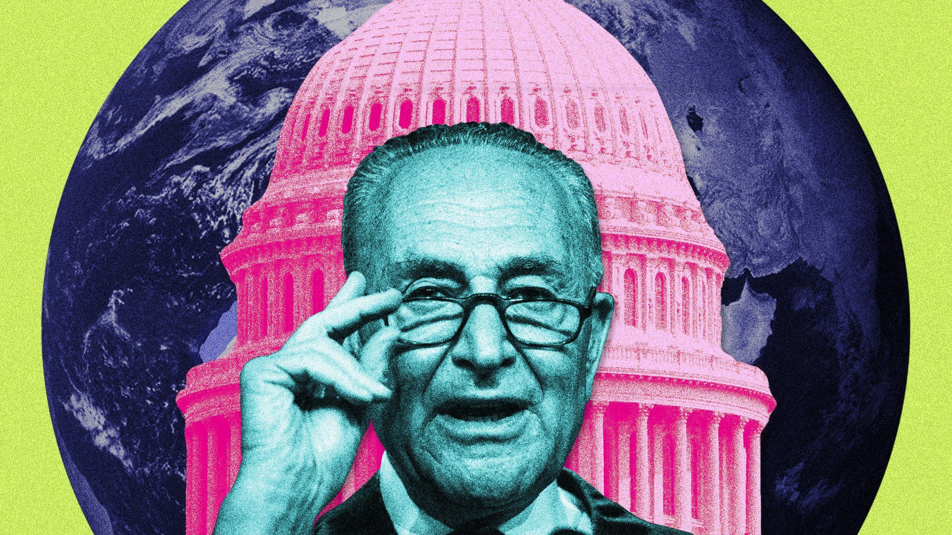 Photo illustration of Chuck Schumer, the US Capitol building and Earth.