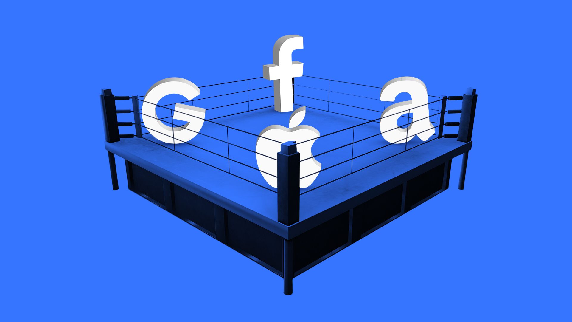 An illustration of the Google, Apple, Facebook and Amazon logos in a wrestling ring