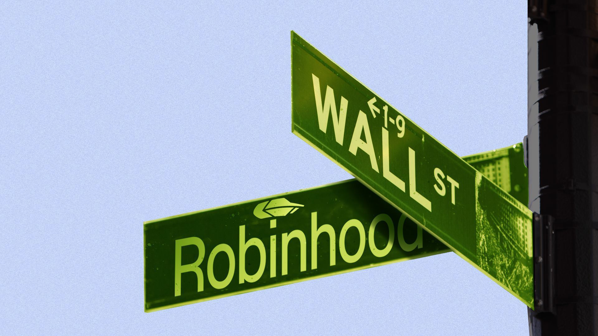 Illustration of two street signs intersecting: Robinhood, and Wall st