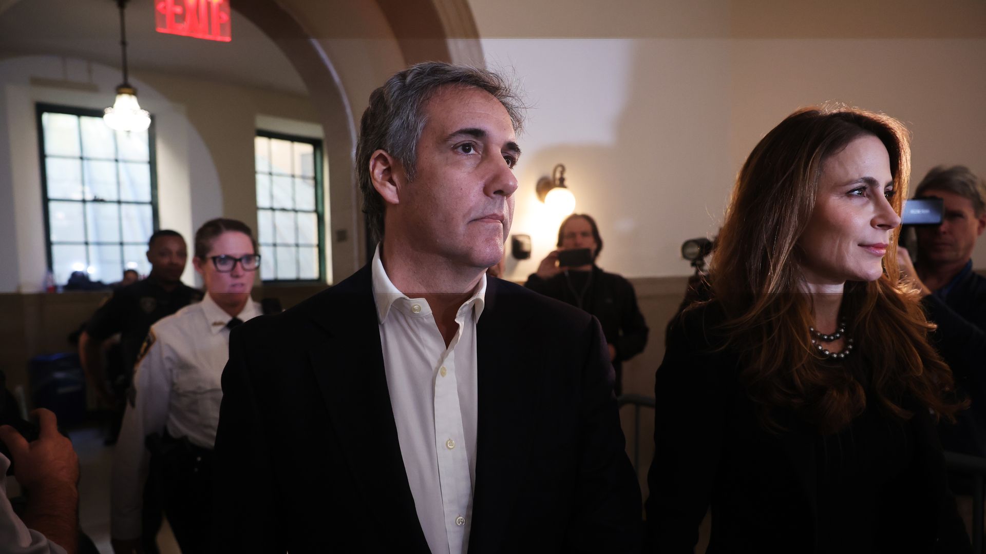 Former President Donald Trump's former lawyer Michael Cohen arrives with his attorney Danya Perry at Trump's civil fraud trial at New York State Supreme Court on October 25, 2023 in New York City