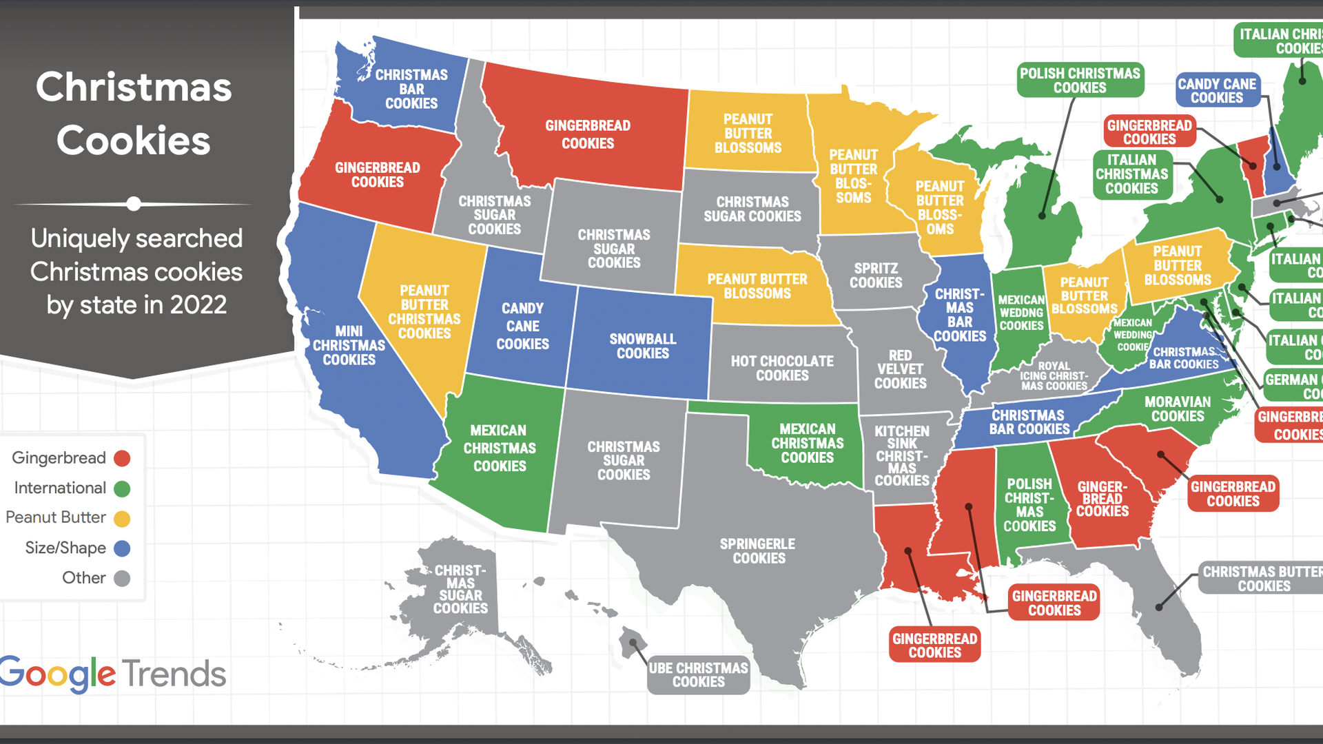 Map of U.S. with a cookie name for each state. The map from Google Trends is for most searched Christmas cookies by state.
