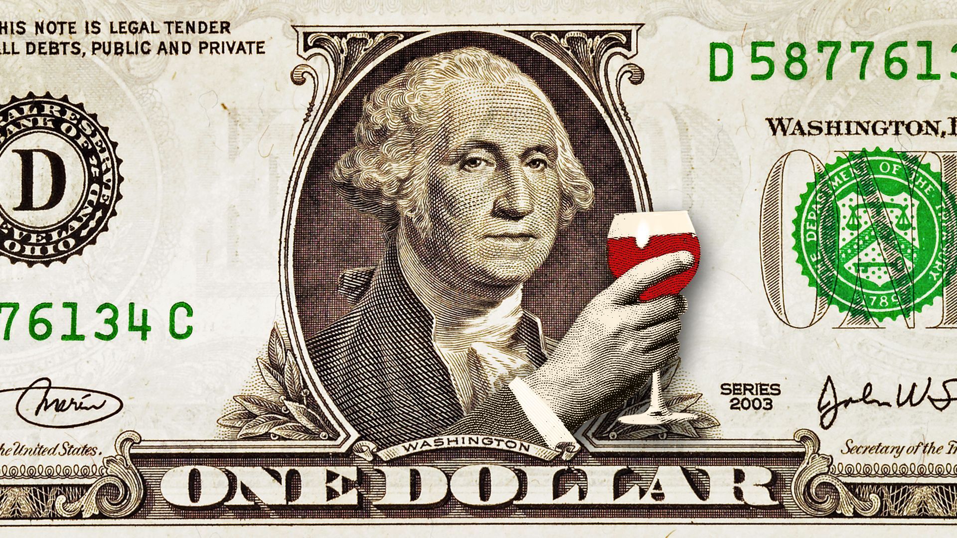 Illustration of a one-dollar bill with George Washington holding a glass of red wine.