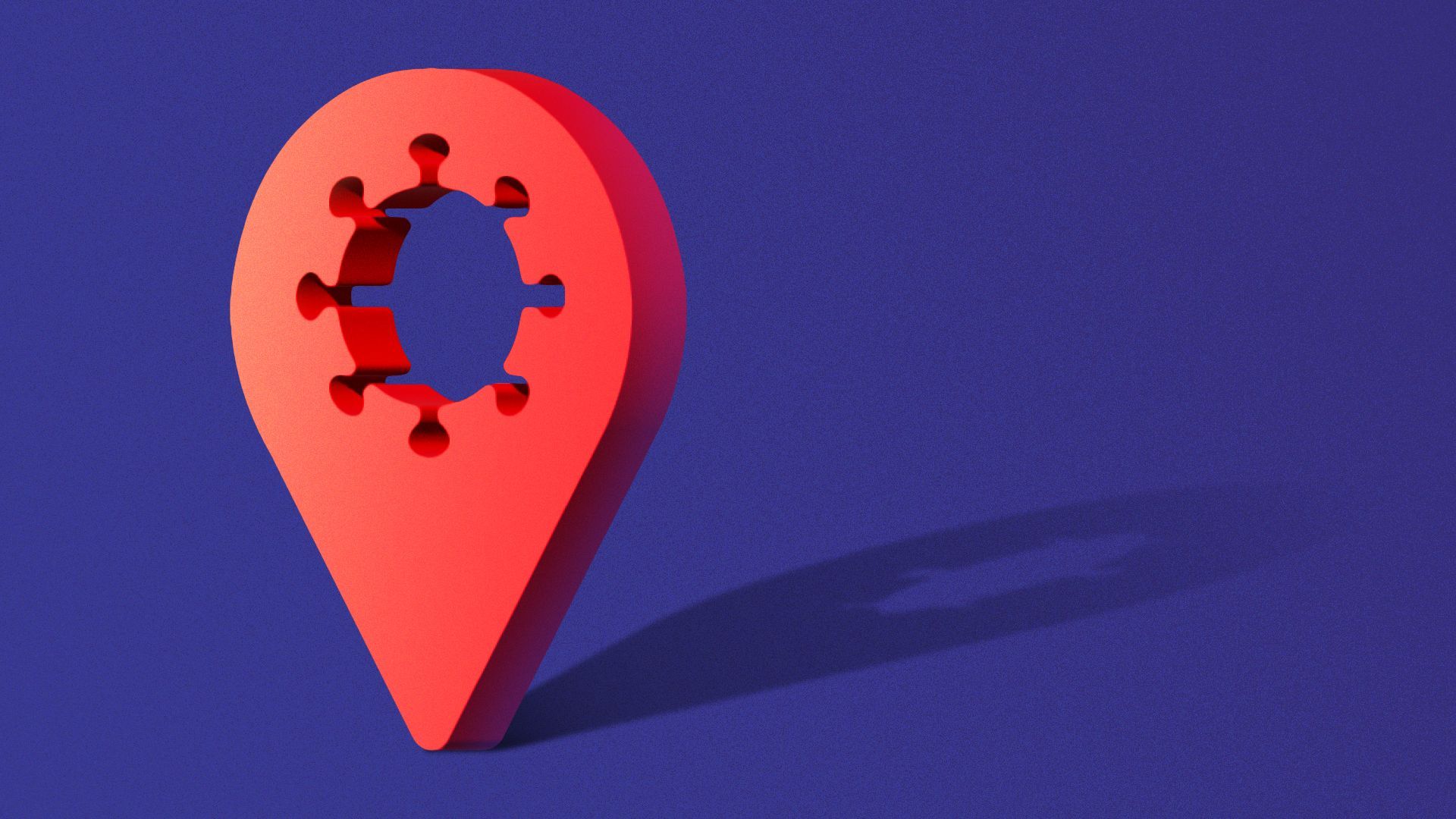 Illustration of a location pin with a covid cell in the middle.