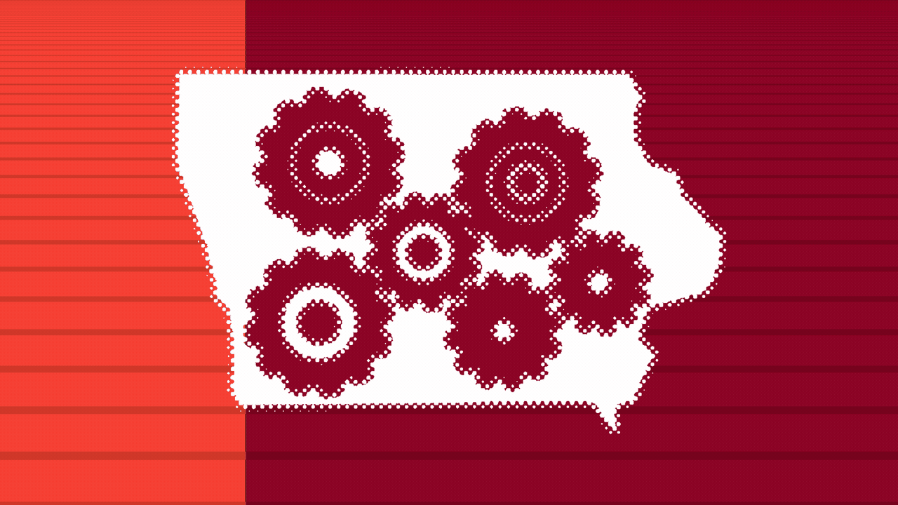 Animated illustration of the state of Iowa with gears turning inside it, over a red background.