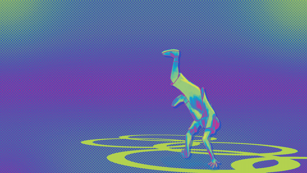 Animated illustration of an athlete performing a breaking move called an airflare.