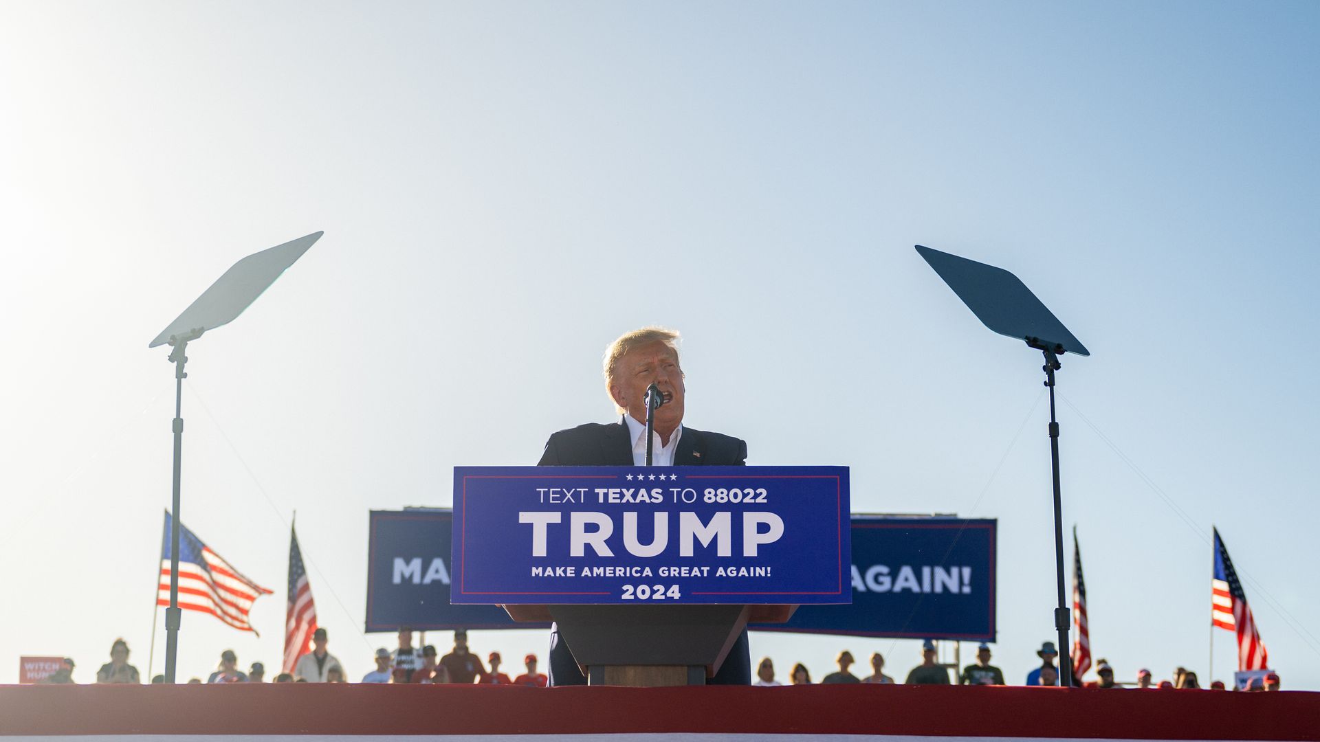 Former U.S. President Donald Trump speaks during a rally at the Waco Regional Airport on March 25, 2023 in Waco, Texas.